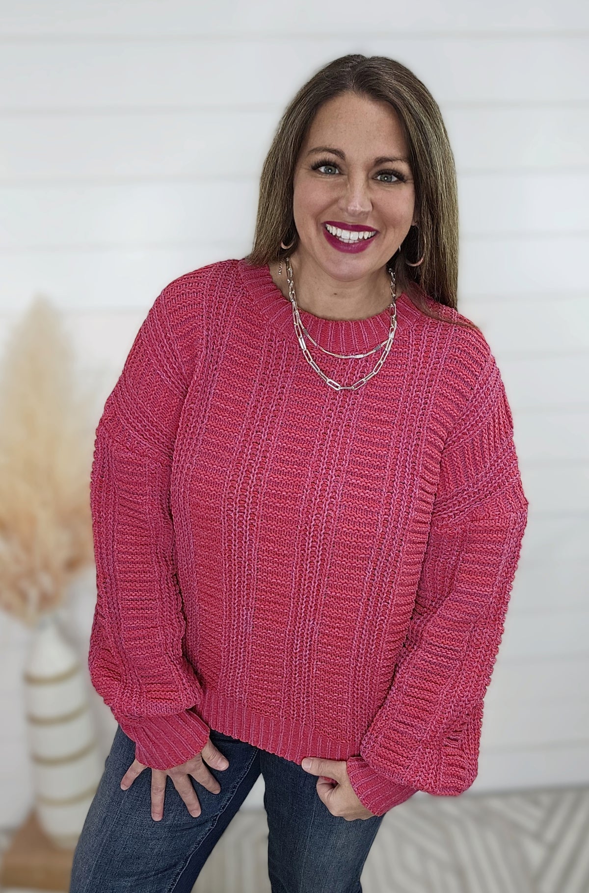 RED/PINK TWO TONE MINERAL WASH KNIT SWEATER