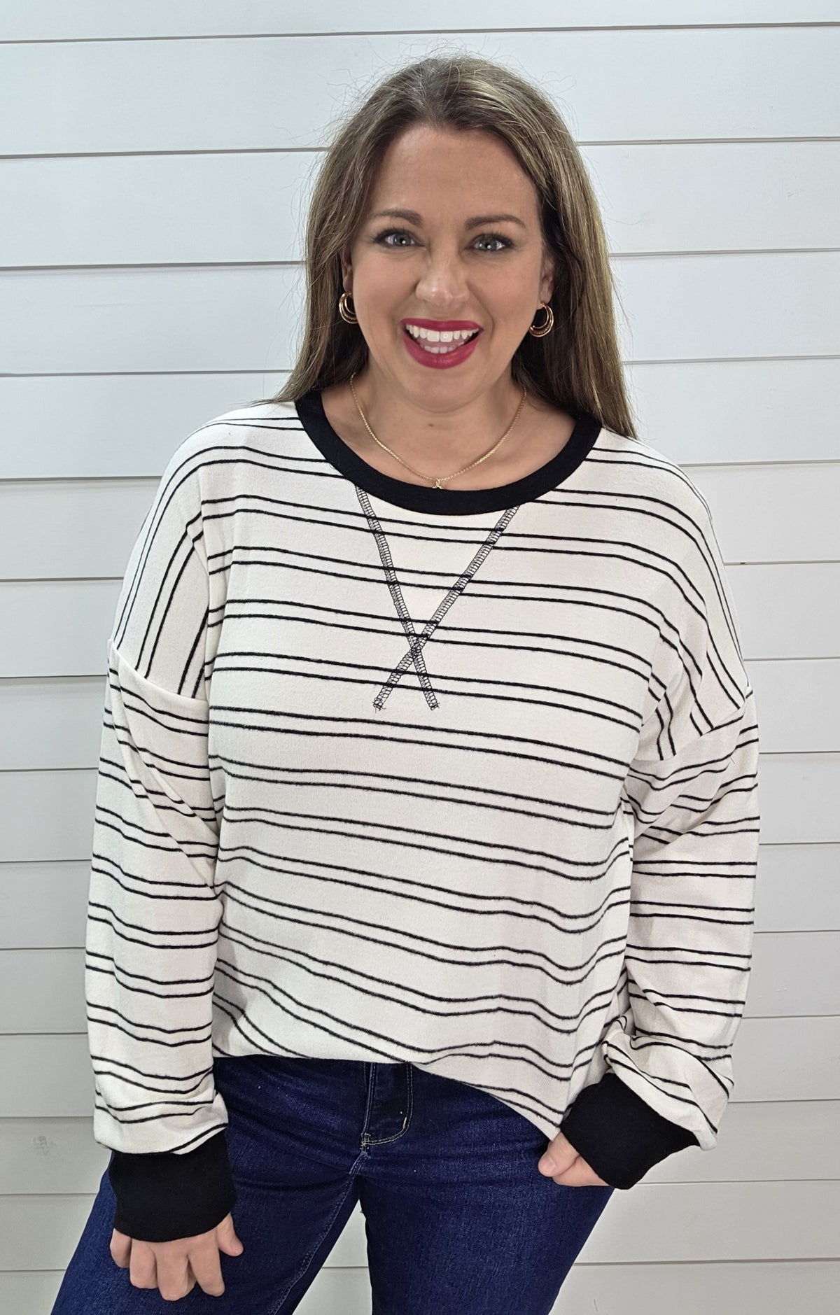IVORY/BLACK STRIPED BRUSHED KNIT TOP