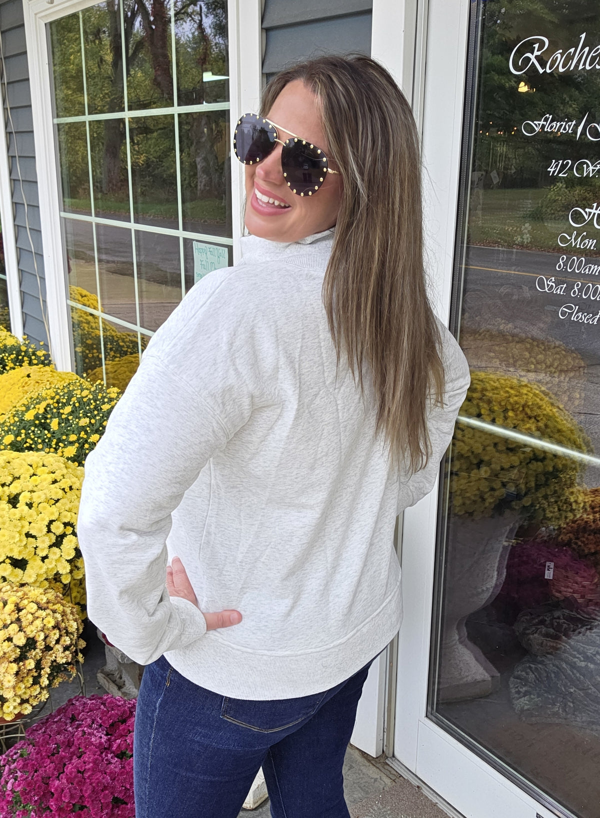 HEATHER GREY MOCK NECK AND TIE CHANNEL SWEATSHIRT