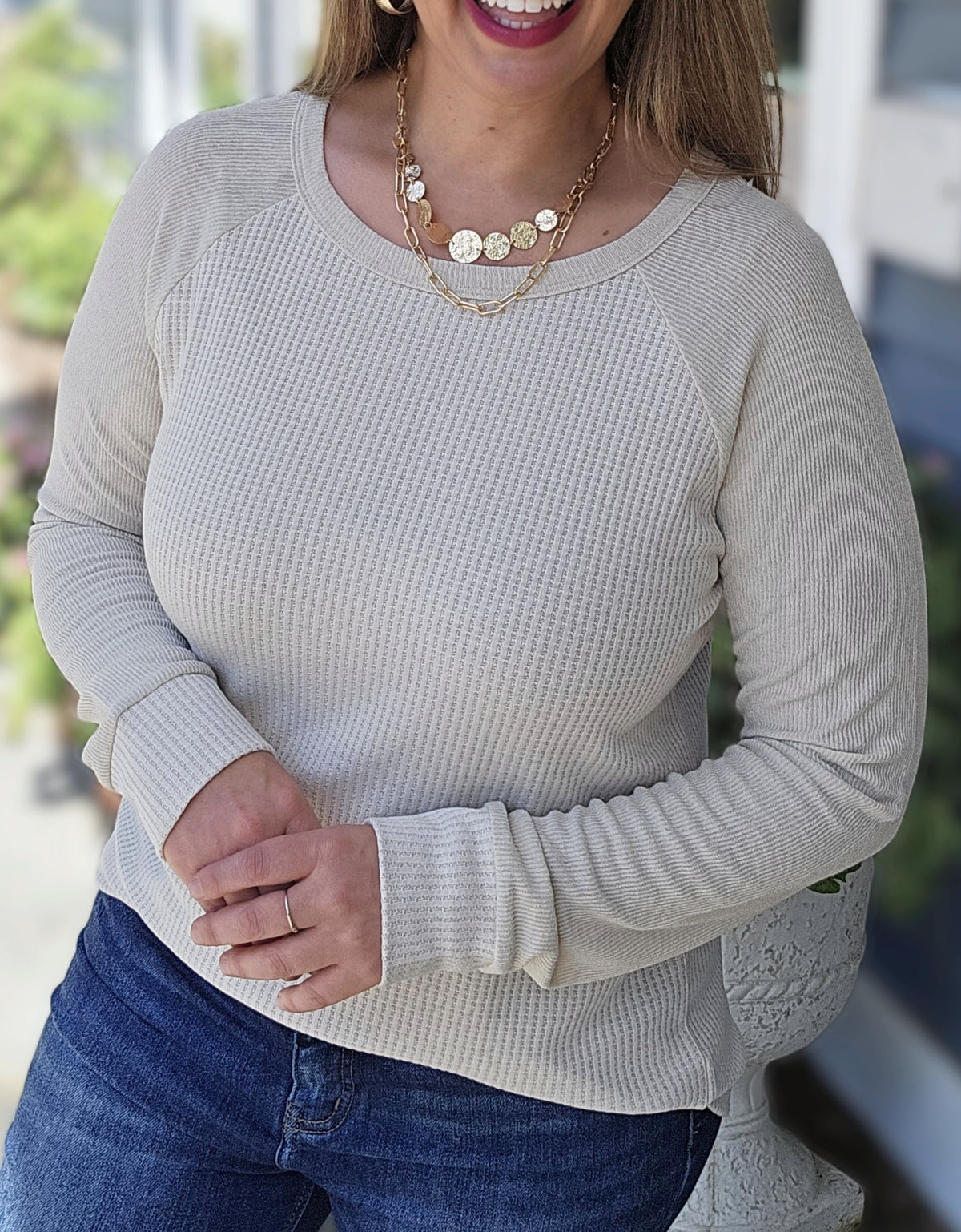 NATURALCONTRAST LONG SLEEVE WAFFLE KNIT TOP