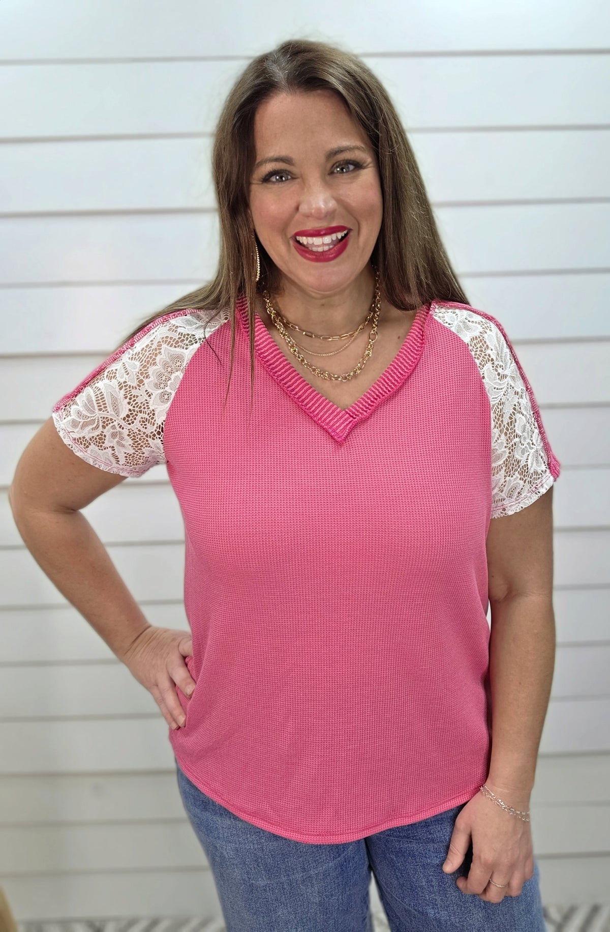 FUCHSIA WAFFLE TEXTURE KNIT TOP W/ LACE SLEEVE