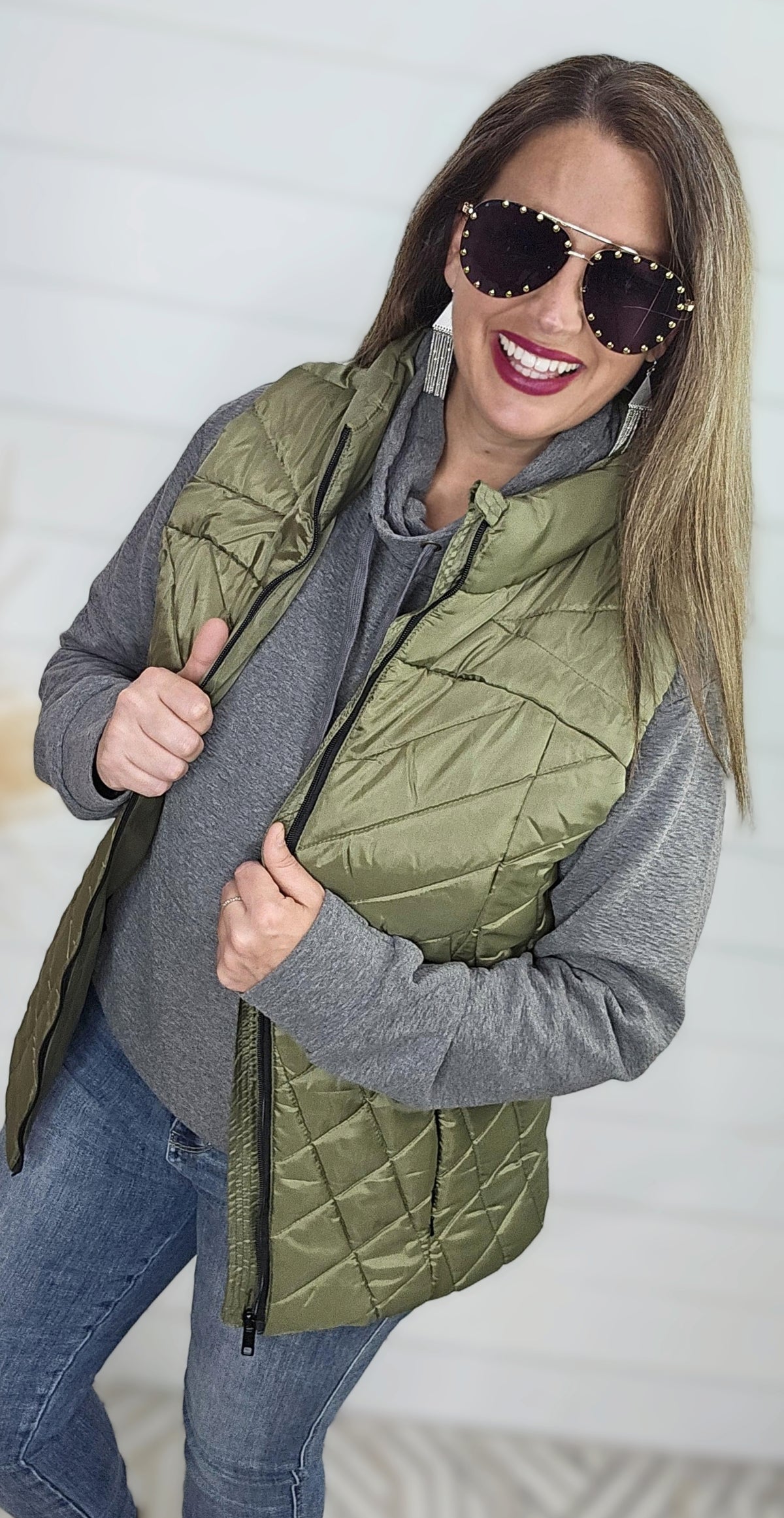 KAREN HART OLIVE QUILTED FULL ZIP VEST