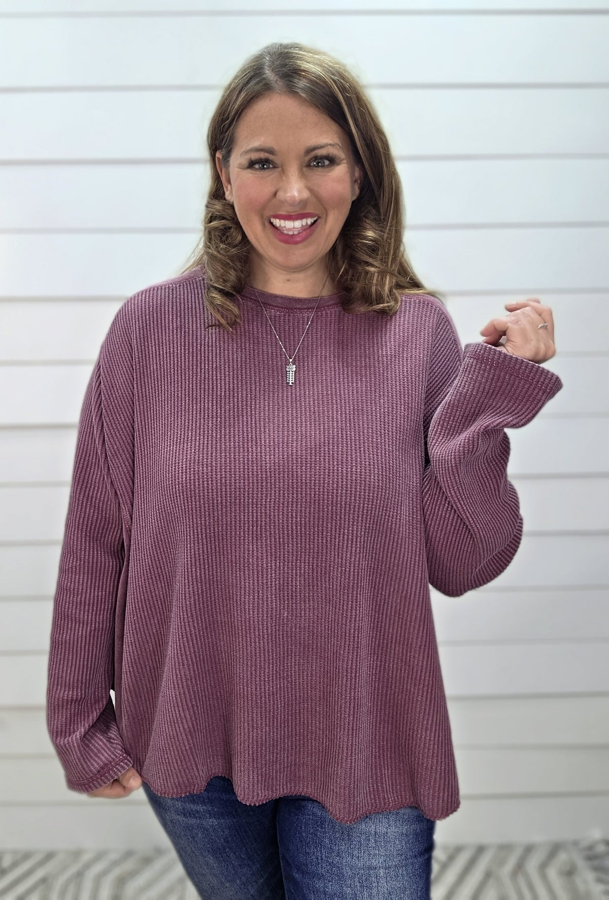 DARK CHERRY MINERAL WASHED WAFFLE TEXTURE CONTRAST KNIT LOOSE FIT TOP
