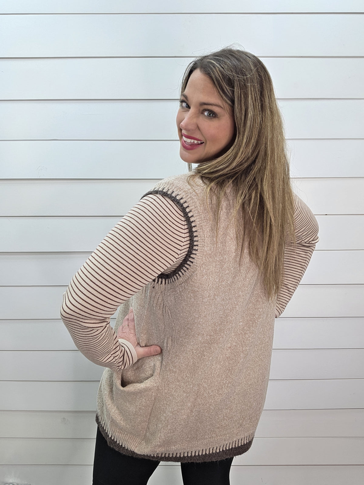 MOCHA V NECK STITCH FINISH LONG SWEATER VEST