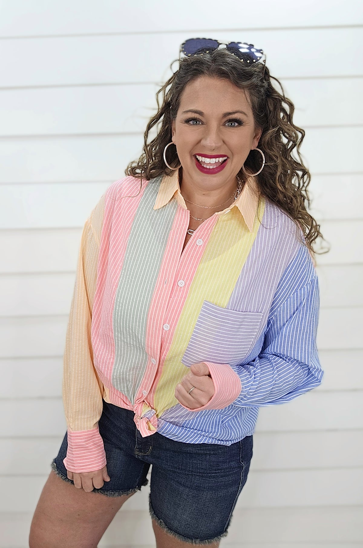 MULTI COLOR STRIPED BUTTON DOWN TOP