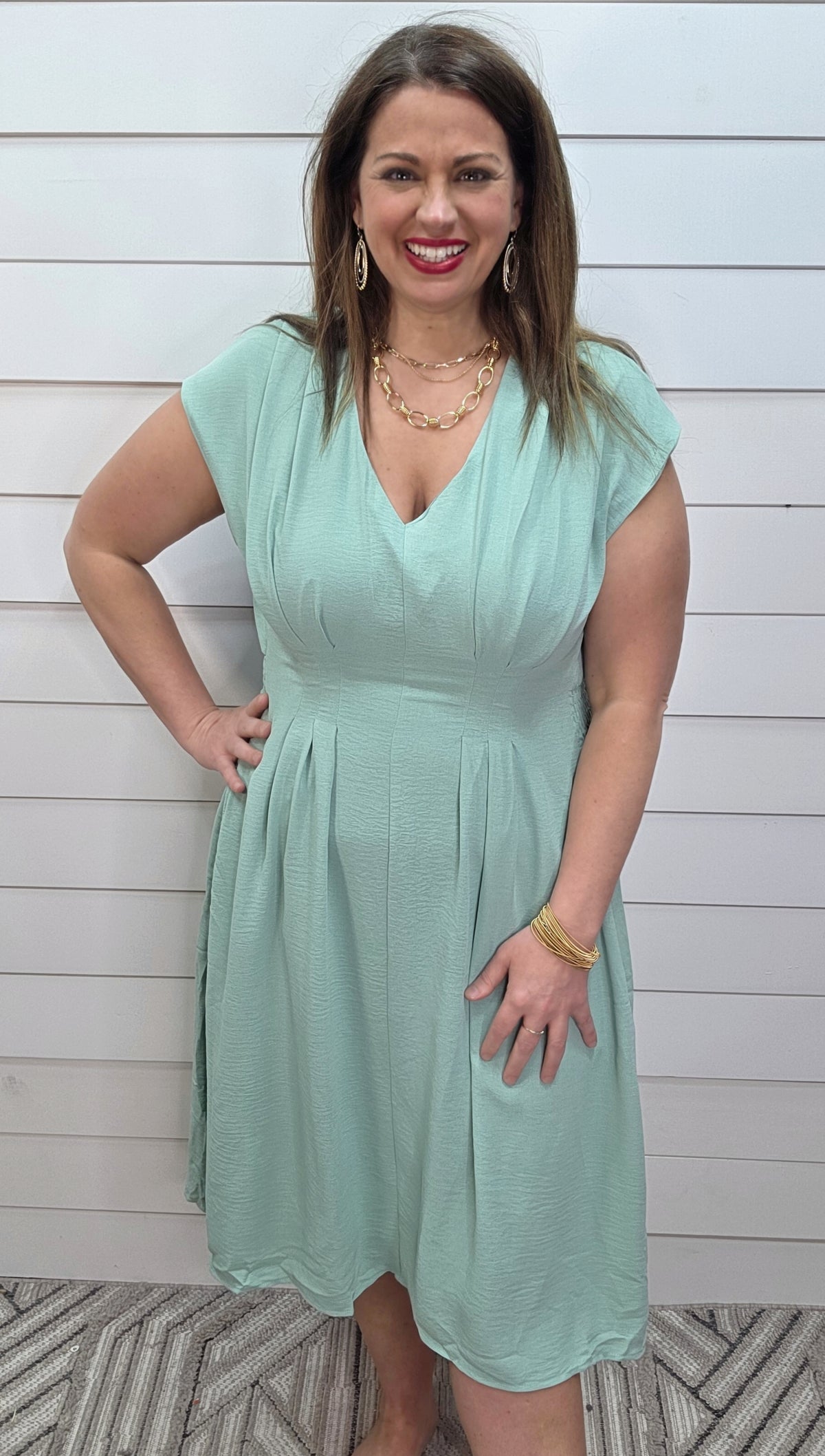 SAGE V NECK PLEATED ELASTIC WAIST DRESS