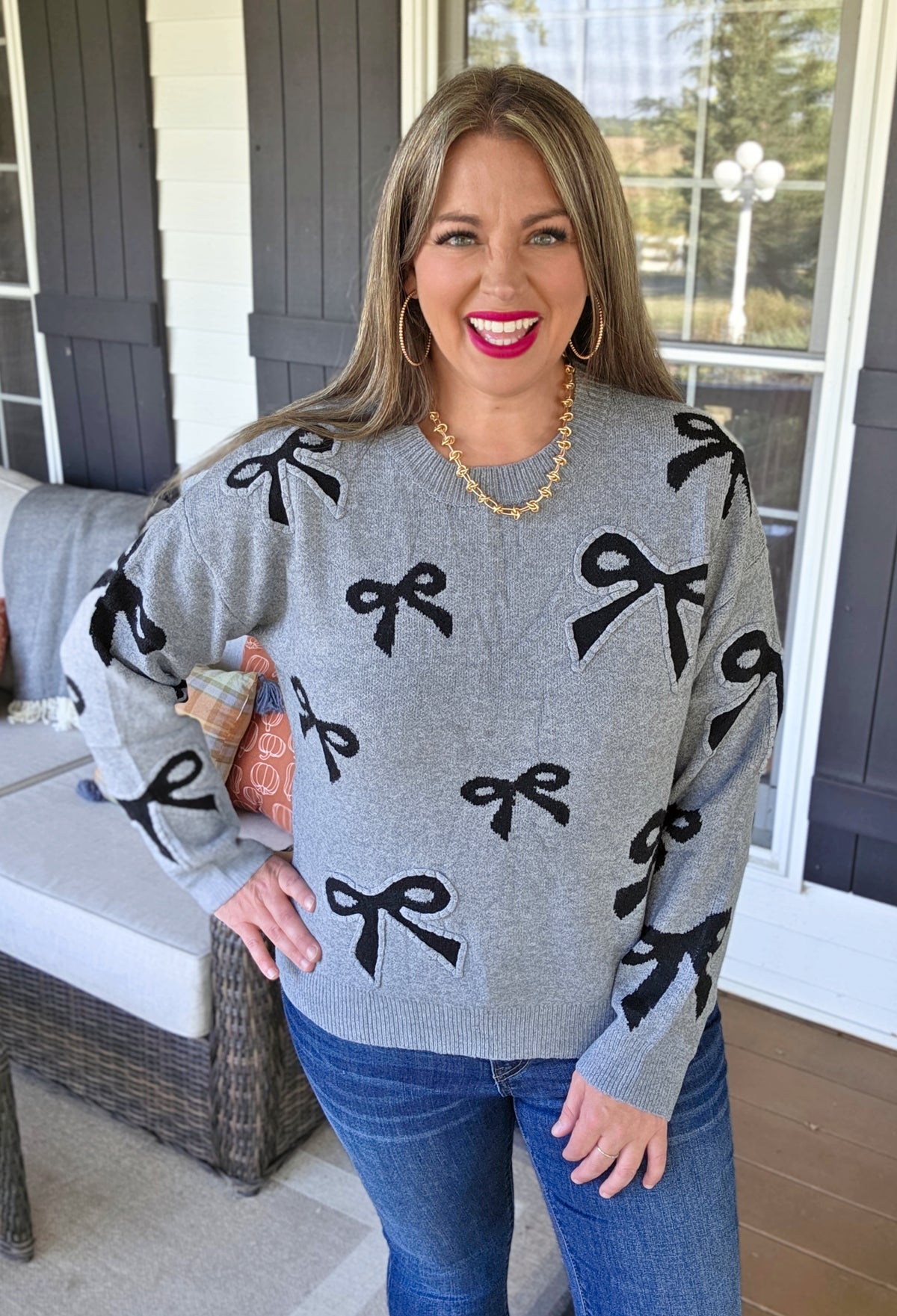 GREY/BLACK BOW ULTRA SOFT KNIT SWEATER