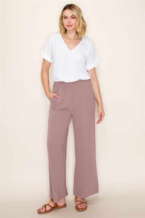 MOCHA ELASTIC WAIST WIDE LEG PANTS