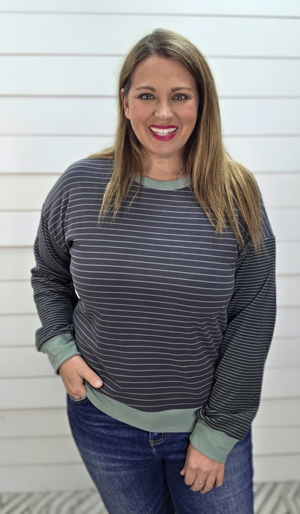 SAGE Color Accent, Long Sleeve, Micro Brushed Stripe Knit Top