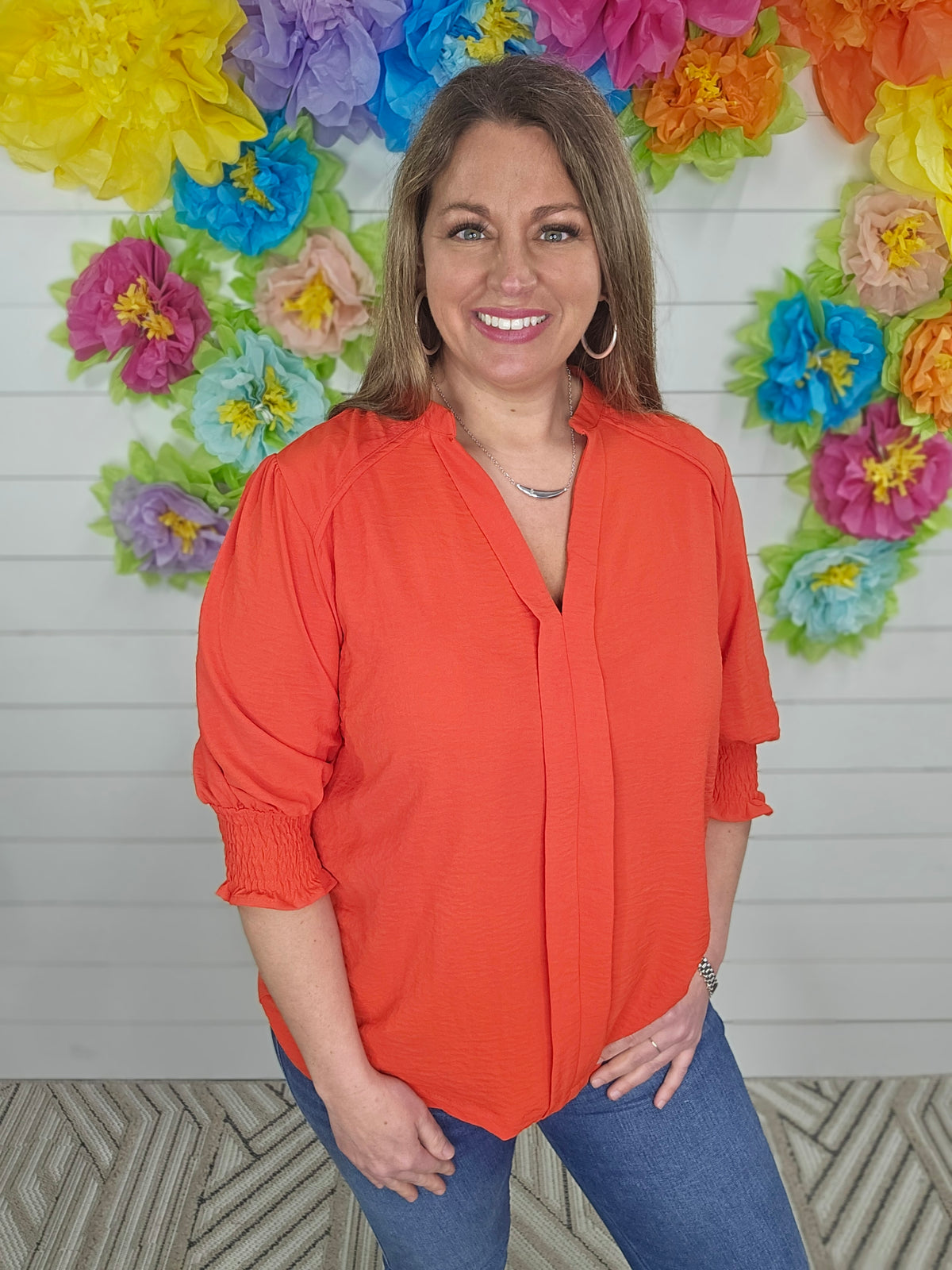 ORANGE RED CENTER SEAM SMOCKED SLEEVE TOP