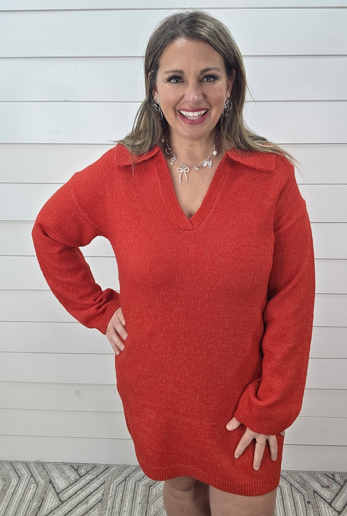 RED V NECK LAY DOWN COLLAR SWEATER DRESS