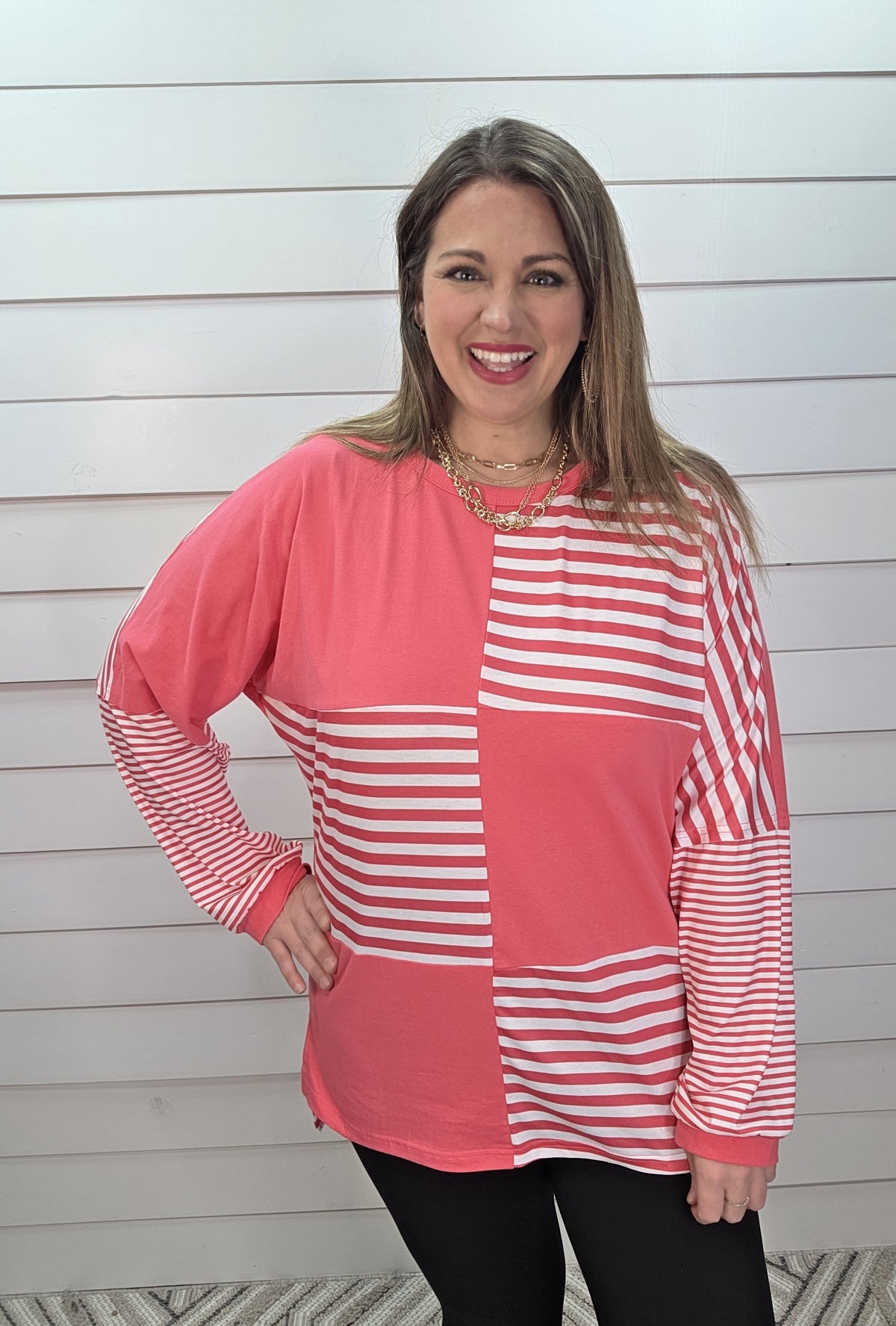 PINK BLOCK STRIPED DROP SHOULDER LONG SLEEVE OVERSIZED TOP