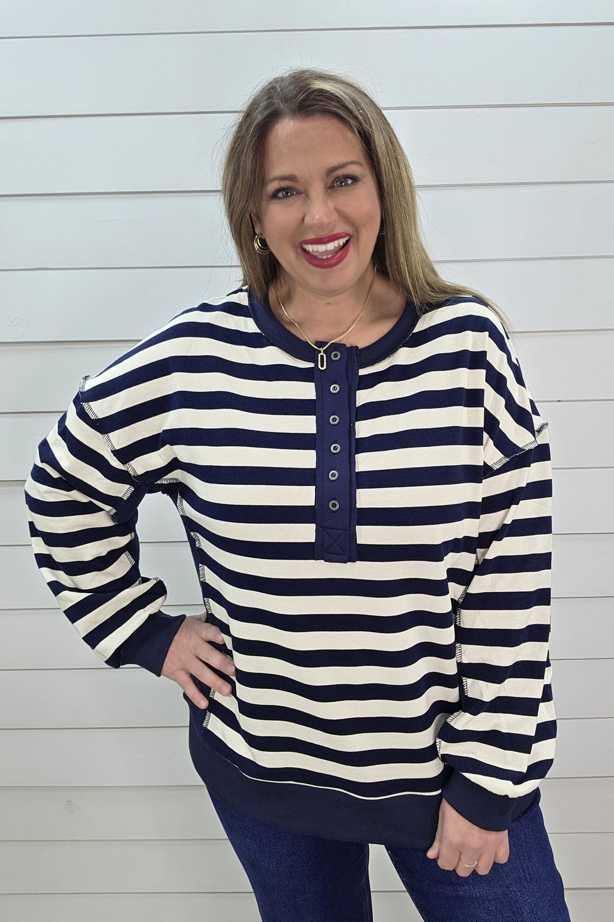 NAVY/CREAM STRIPED CONTRAST FRENCH TERRY PULLOVER