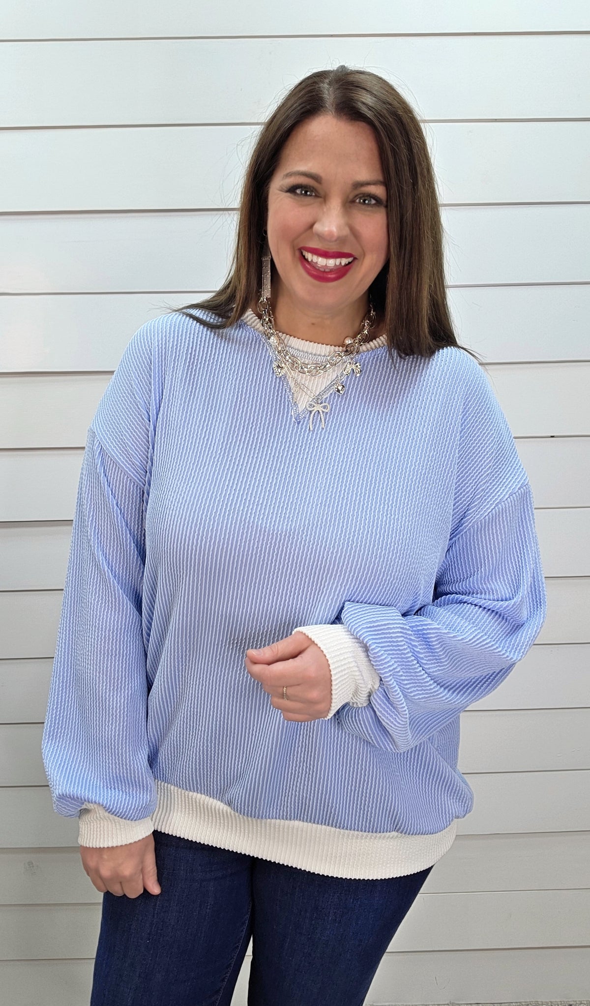 LIGHT BLUE RAISED RIBBED LONG SLEEVE KNIT TOP