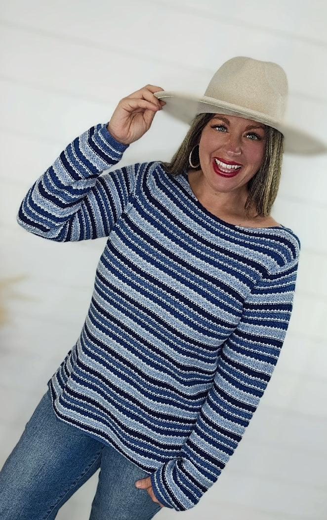 BLUE/NAVY STRIPED COTTON SWEATER