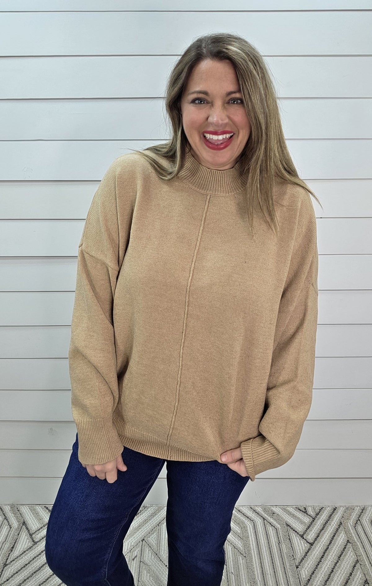 TAUPE MOCK NECK CENTER SEAM SWEATER