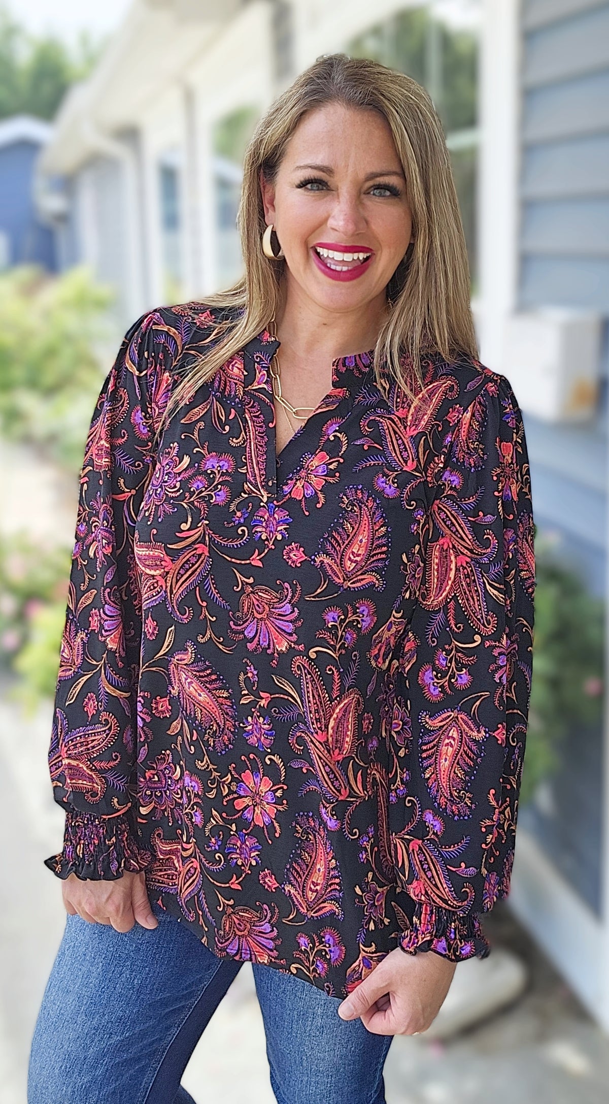 DEAR SCARLETT BLACK/RED/PURPLE PAISLEY LONG SLEEVE SMOCKED LIZZY