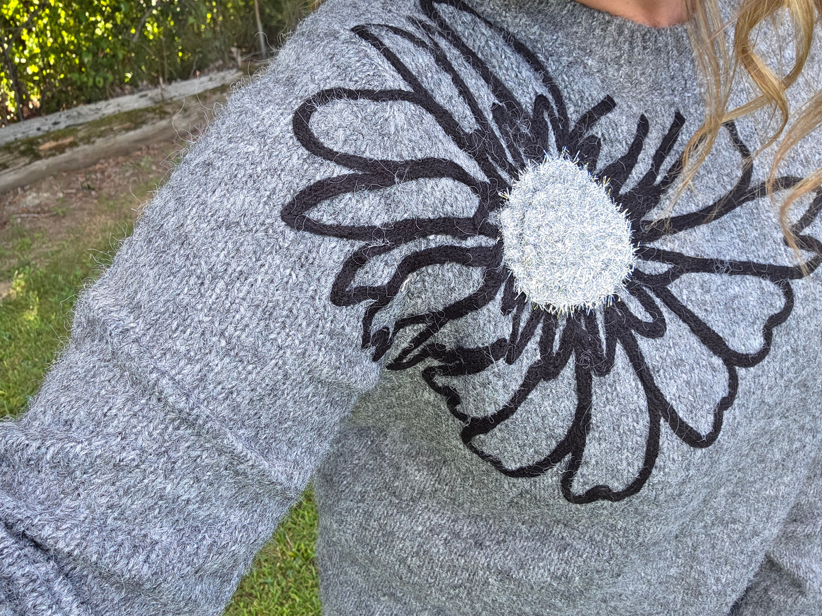 CHARCOAL 3D GLITZ FLORAL KNIT SWEATER