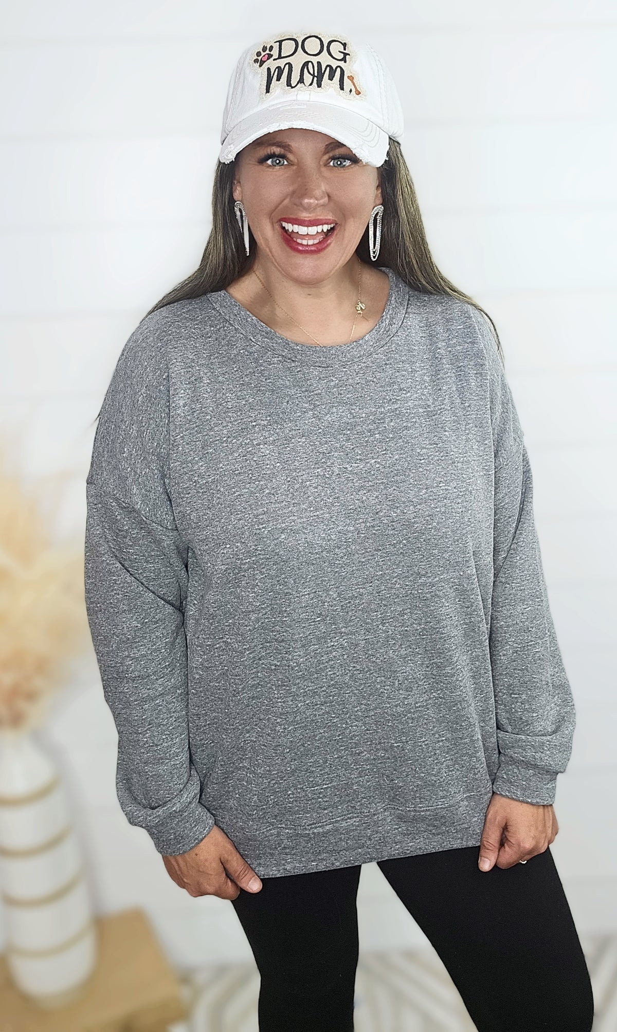 GREY PLUSH OVERSIZED HEATHERED PULLOVER SWEATSHIRT