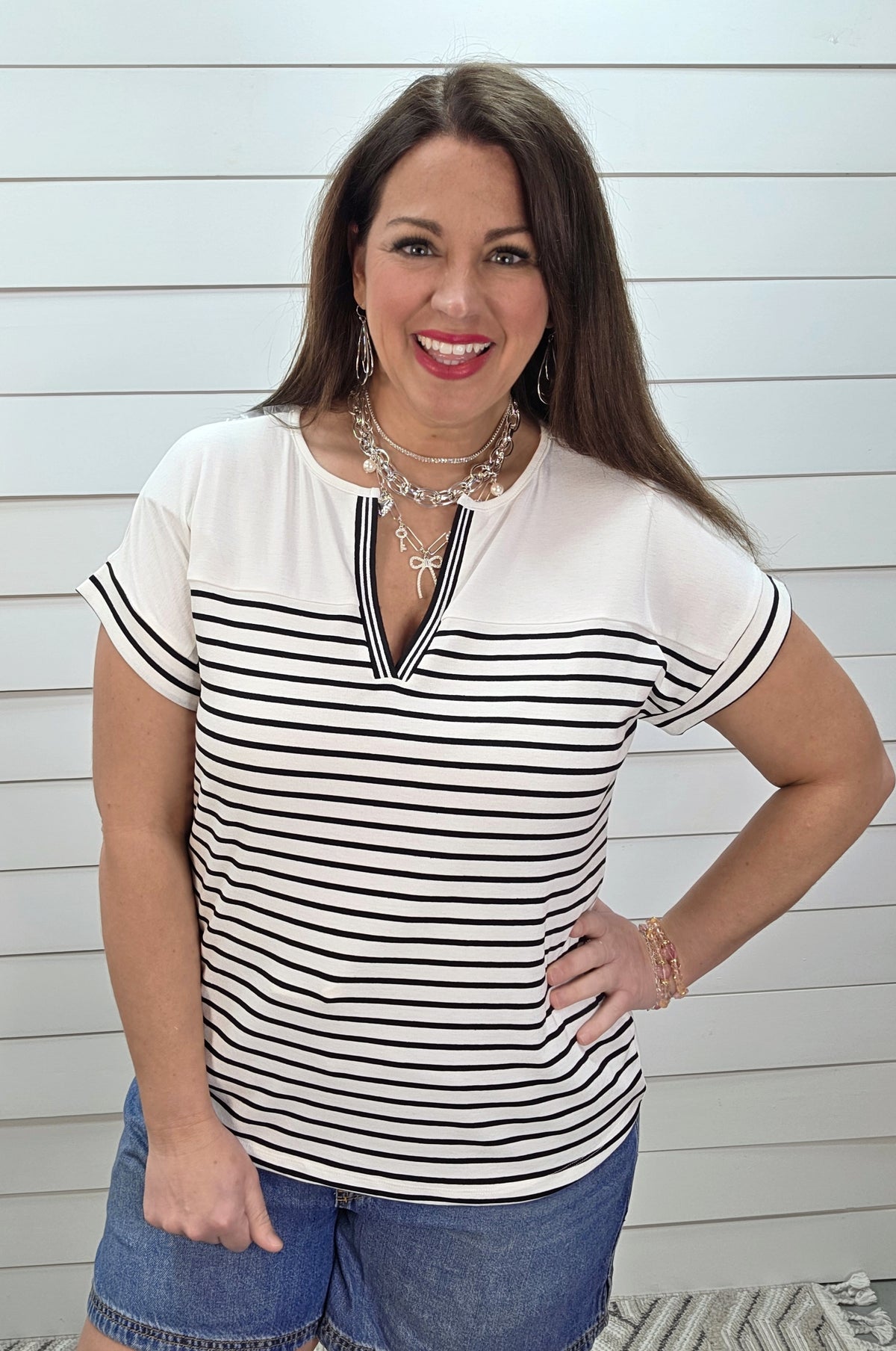 BLACK & WHITE STRIPED COLORBLOCK V NECK FRENCH TERRY KNIT TOP