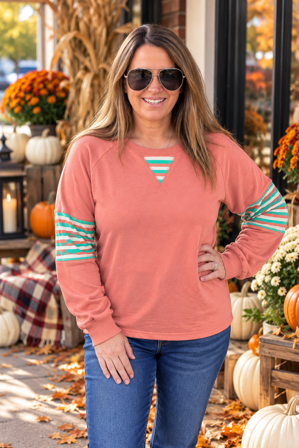 Lt Rust Crew Neck, Raglan Sleeve, Terry Mixed Stripe Top
