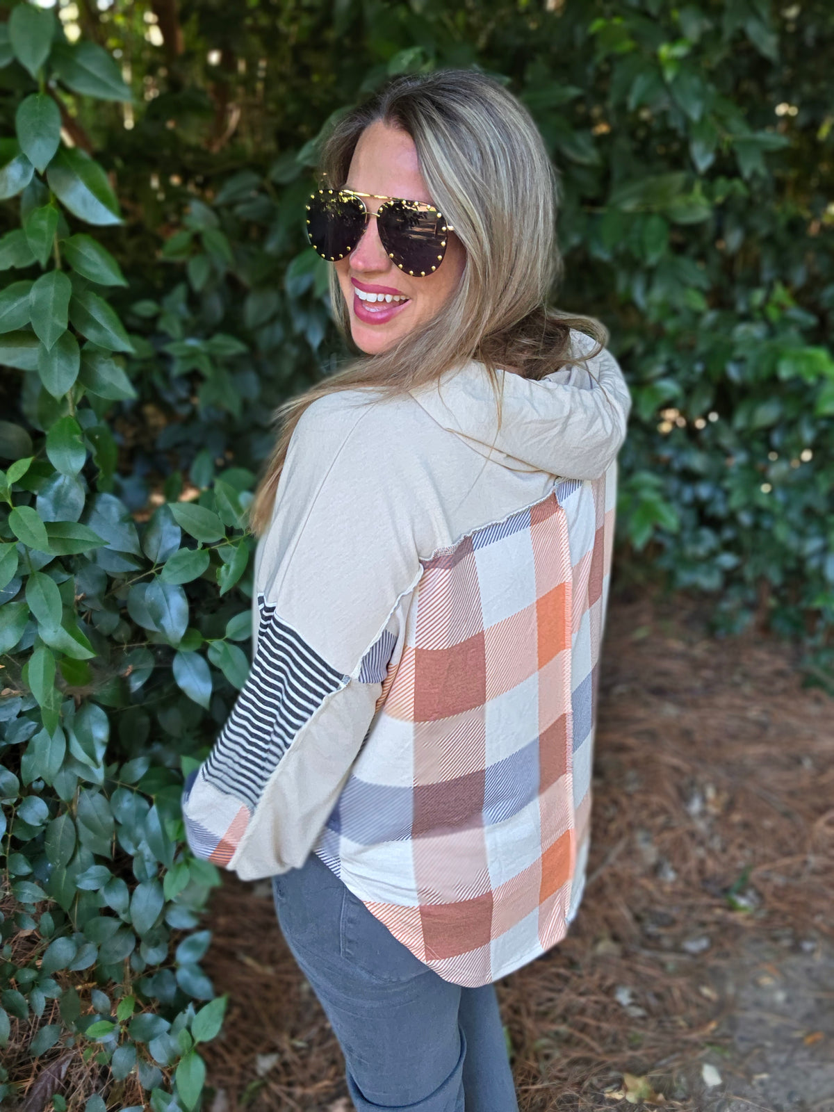 TAUPE/CHARCOAL PLAID CONTRAST LIGHT WEIGHT FRENCH TERRY HOODIE