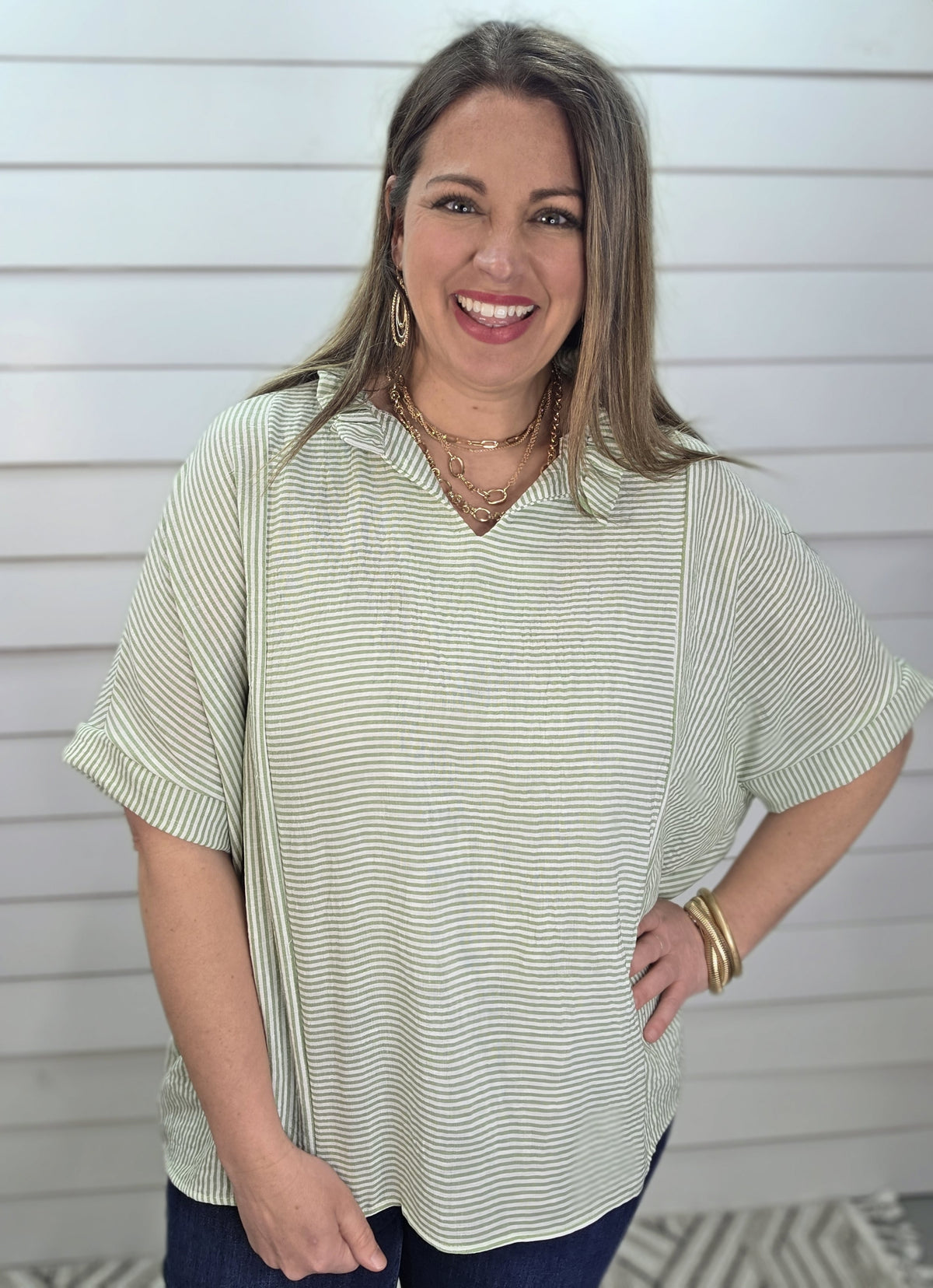 SAGE PINSTRIPED OVERSIZED WOVEN DOLMAN TOP W/ FRILL NECKLINE