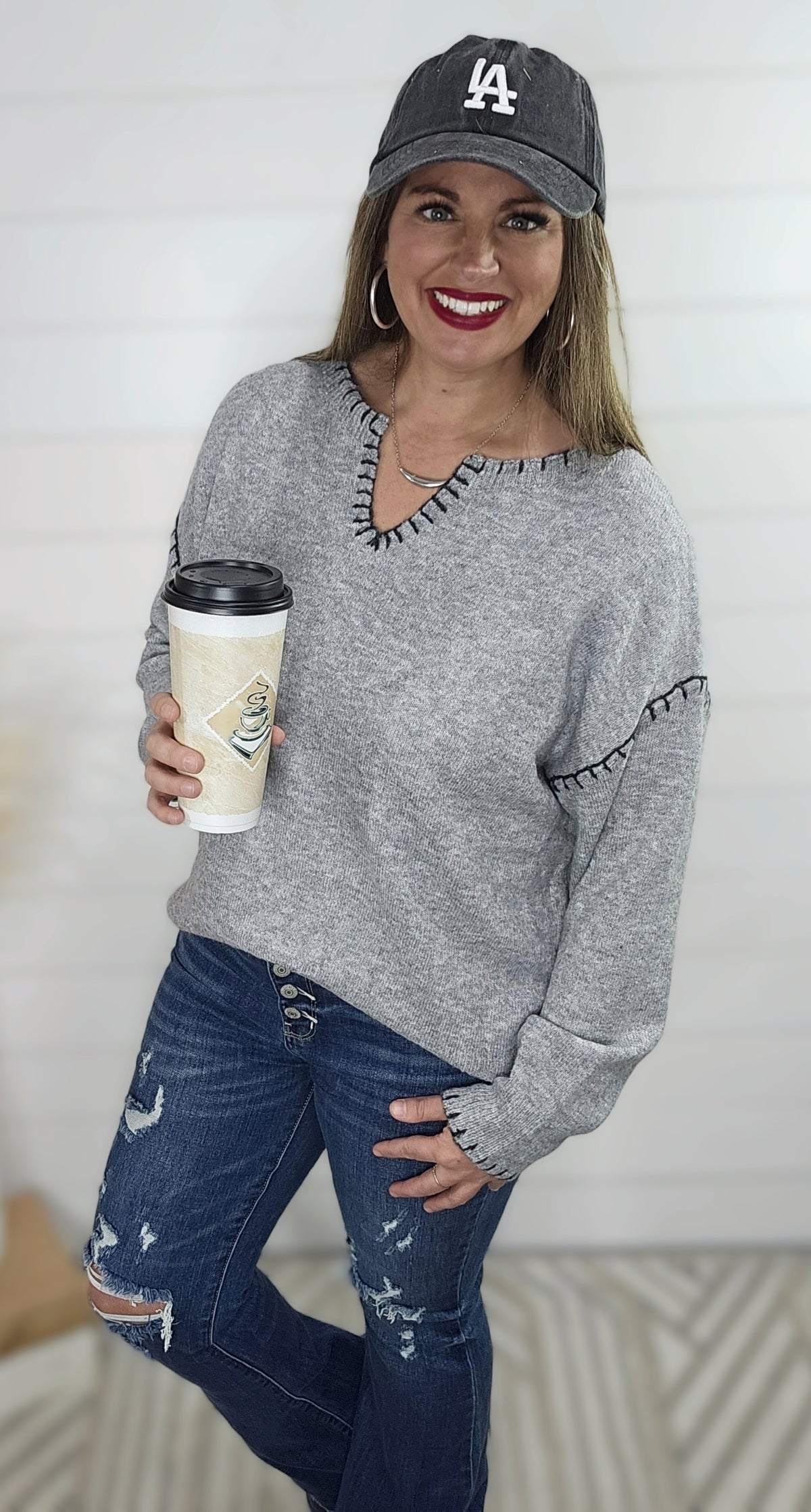 HEATHER GREY BLANKET STITCH NOTCHED NECKLINE PULLOVER SWEATER