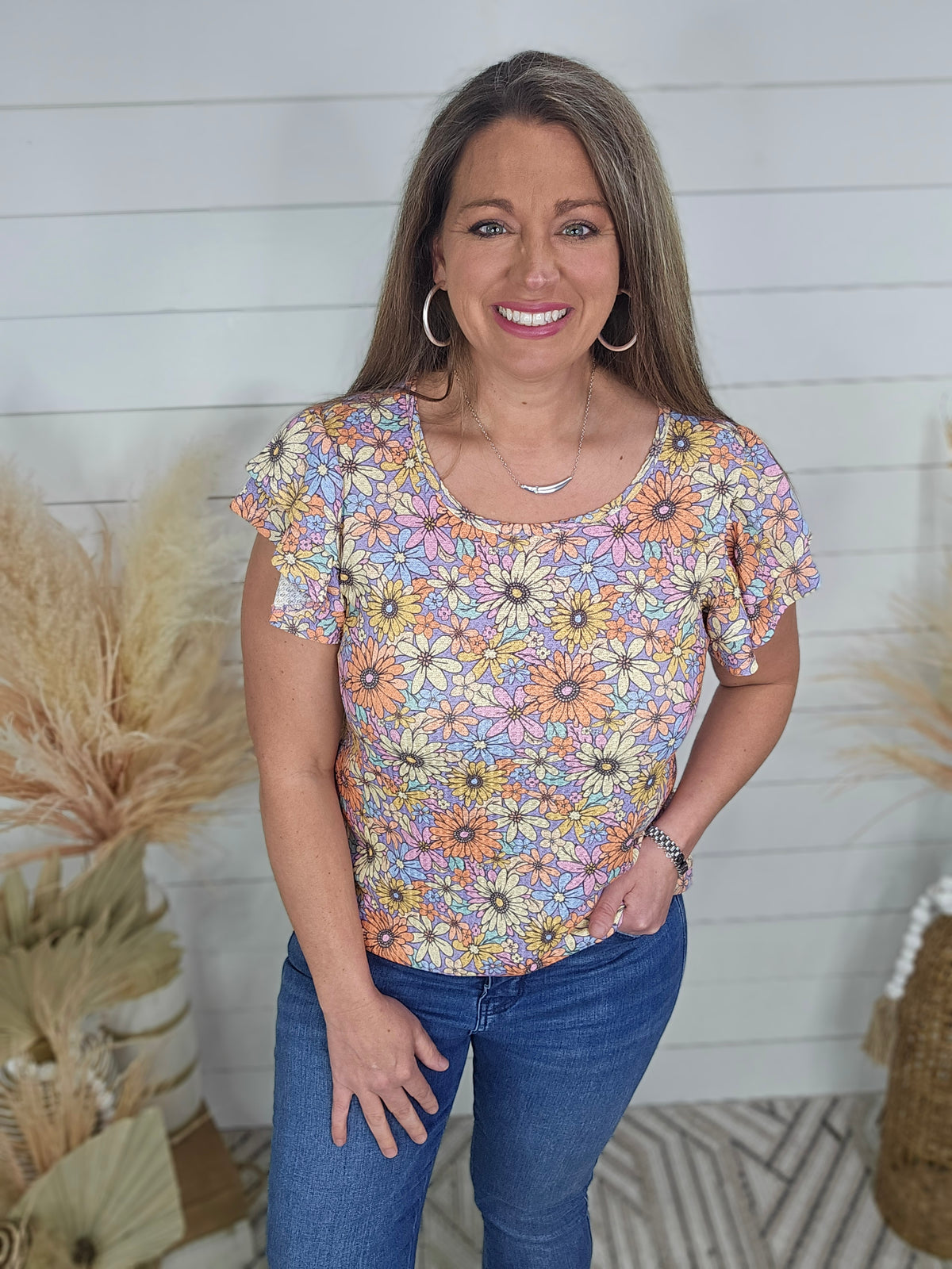 LAVENDER MULTI FLORAL WAFFLE TEXTURE RUFFLE SLEEVE TOP