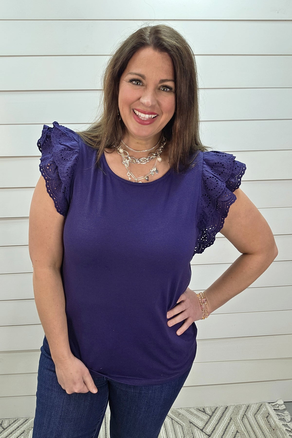 NAVY KNIT TOP W/ LACE DOUBLE RUFFLE SLEEVES