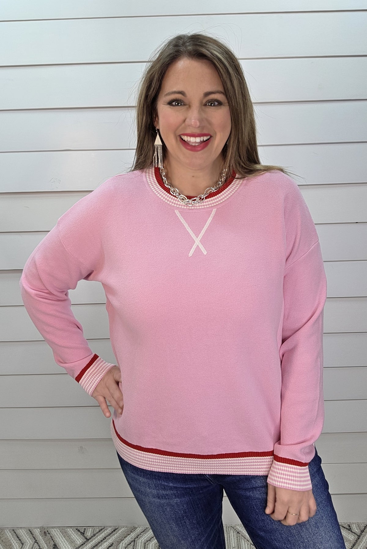 PINK CONTRAST SWEATER W/ RED/WHITE TRIM