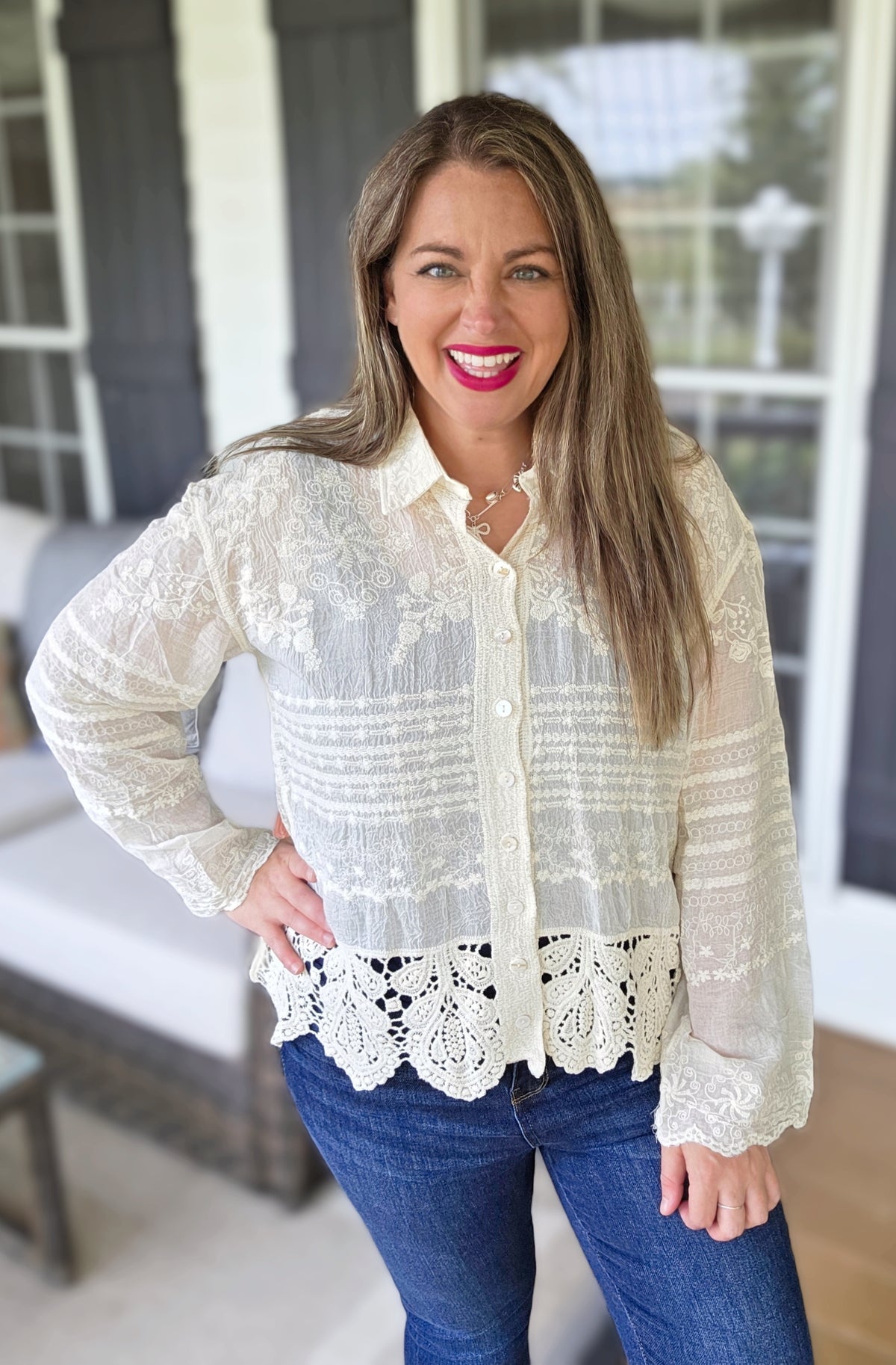 BEIGE EMBROIDERED BUTTON DOWN CROCHET LACE TOP