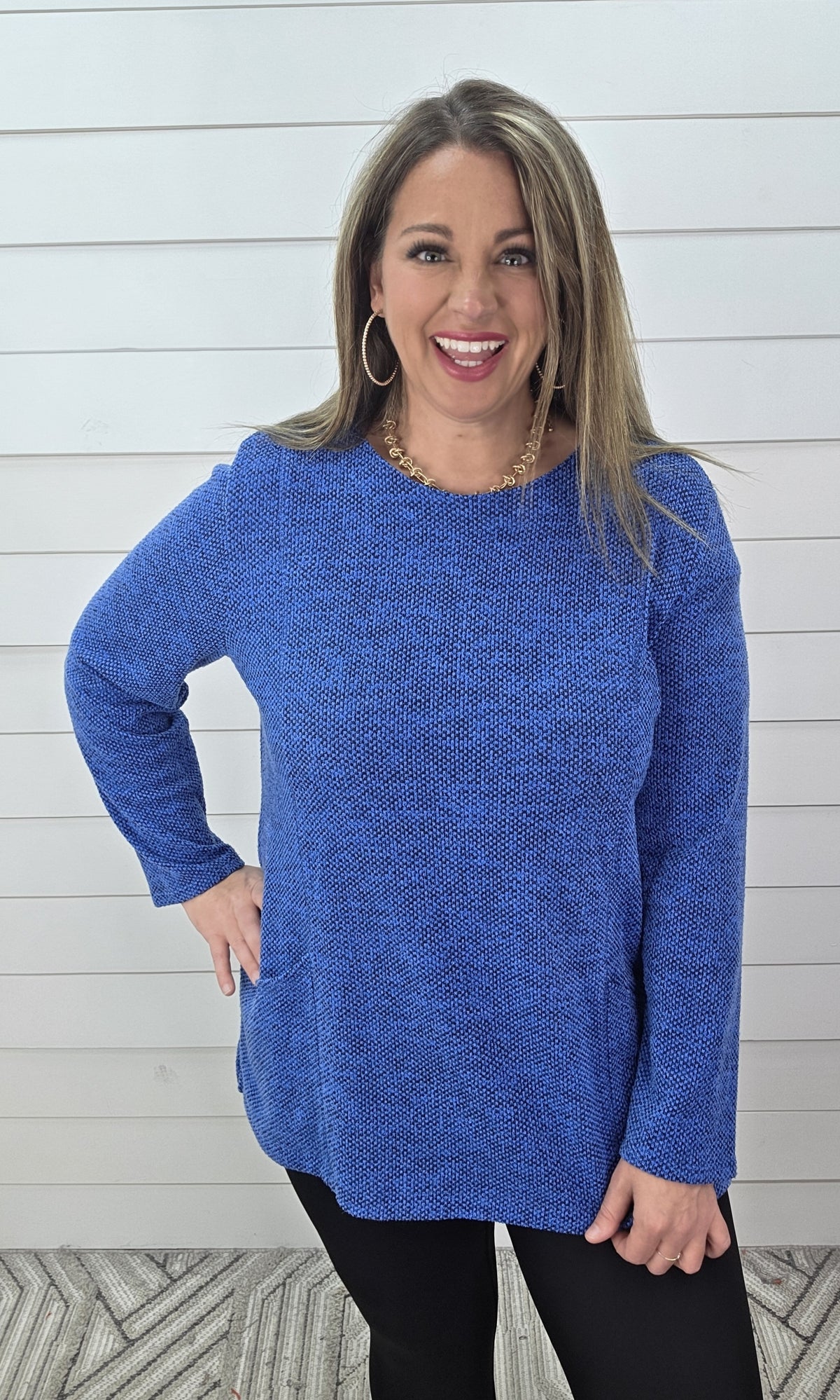 BLUE HEATHERED DOUBLE POCKET KNIT TUNIC