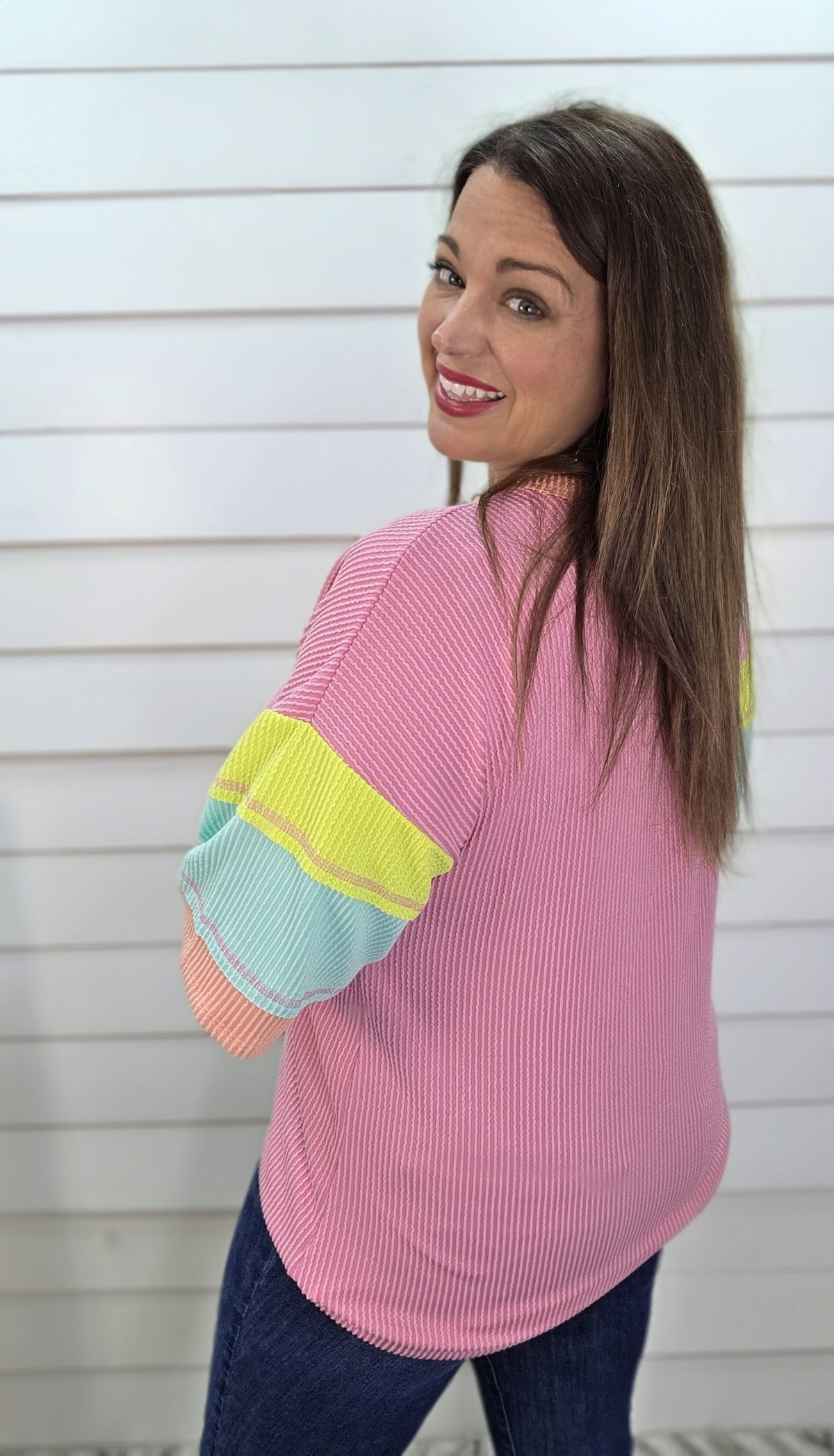 PINK RAISED RIBBED KNIT TOP W/ COLORBLOCK SLEEVES