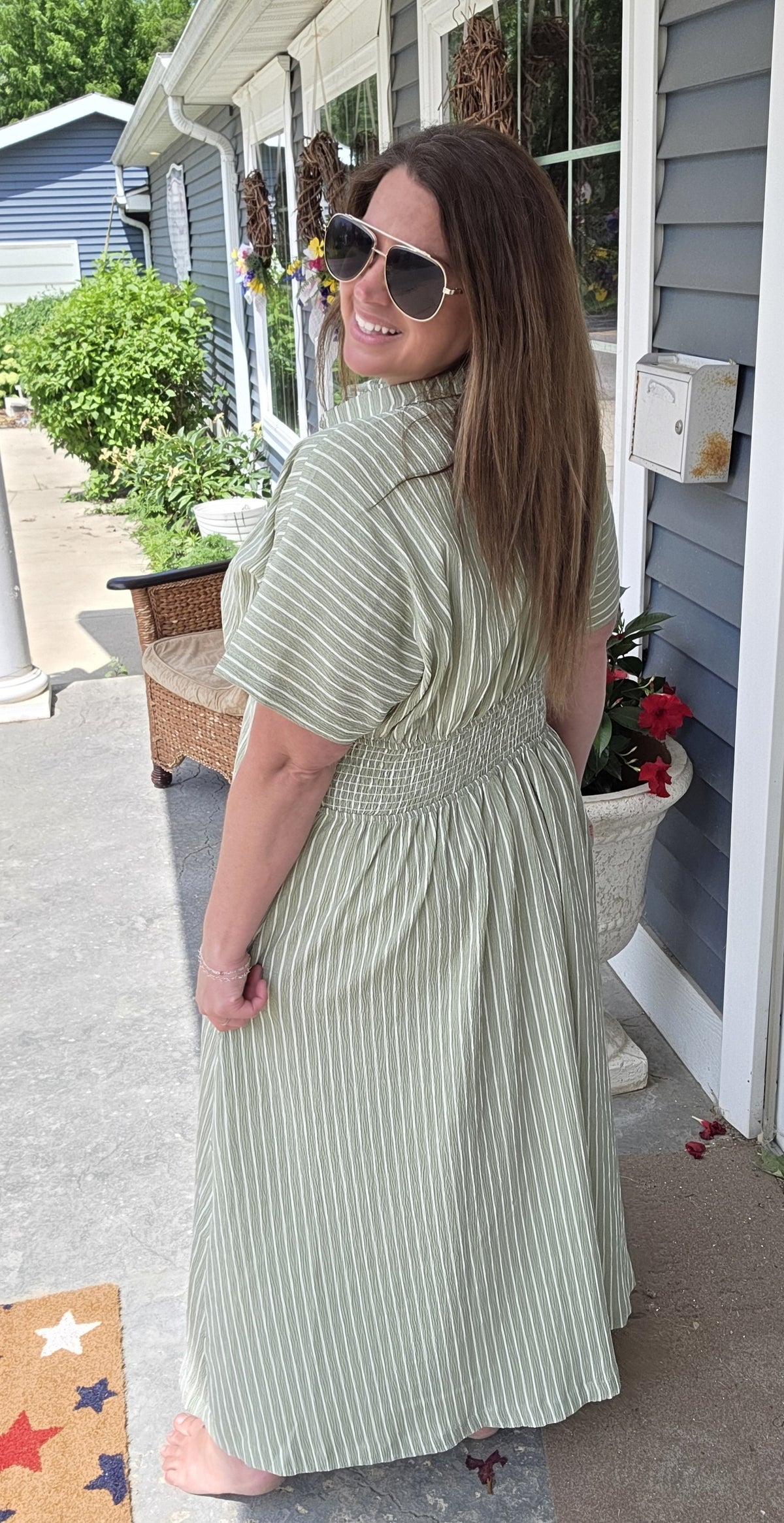 SAGE STRIPED BUTTON DOWN DRESS PLEATED WITH SIDE POCKETS