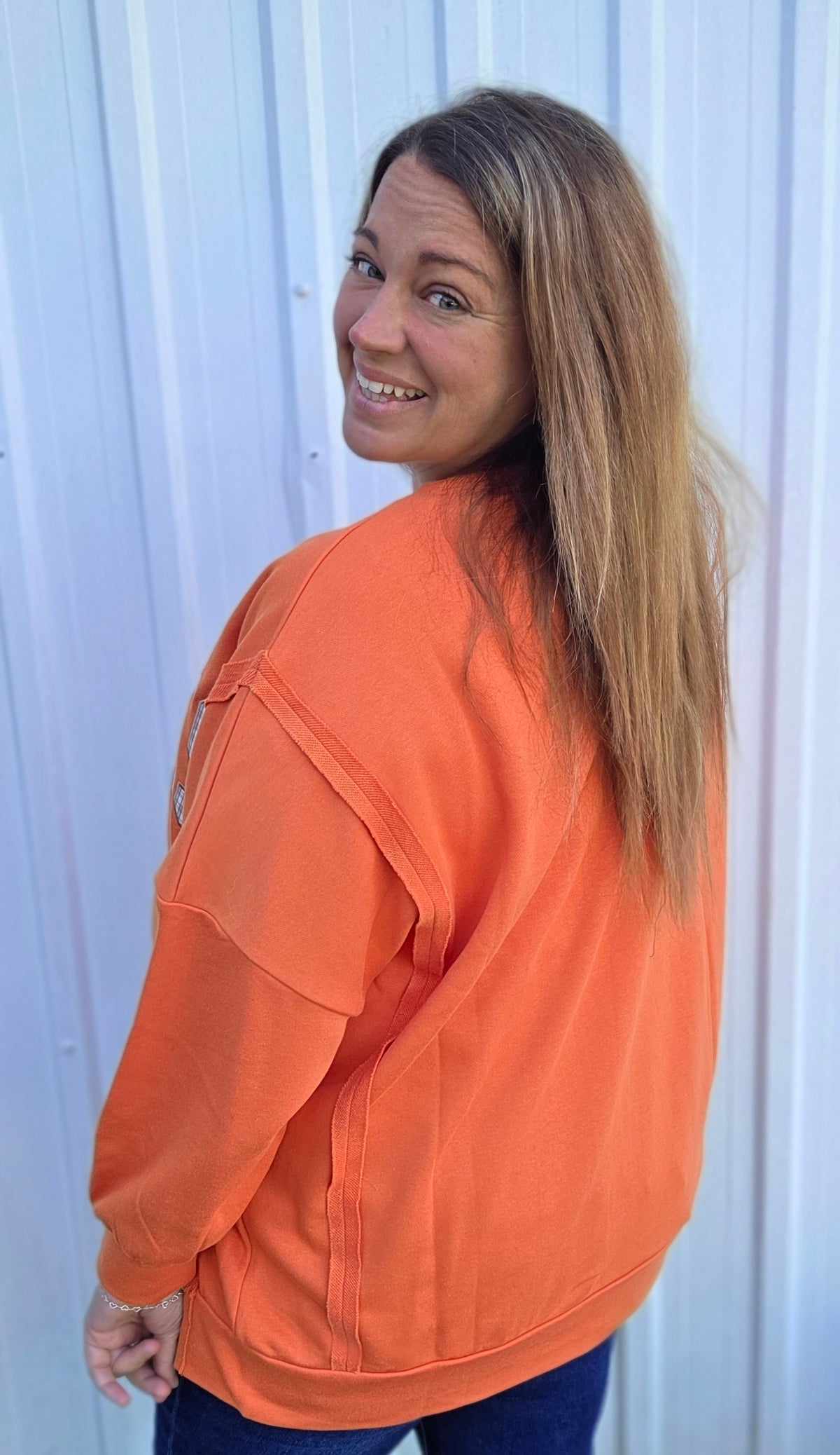 Pumpkin Round Neck Drop Shoulder Long Sleeve Oversized Loose Fit French Terry THANKS Pullover