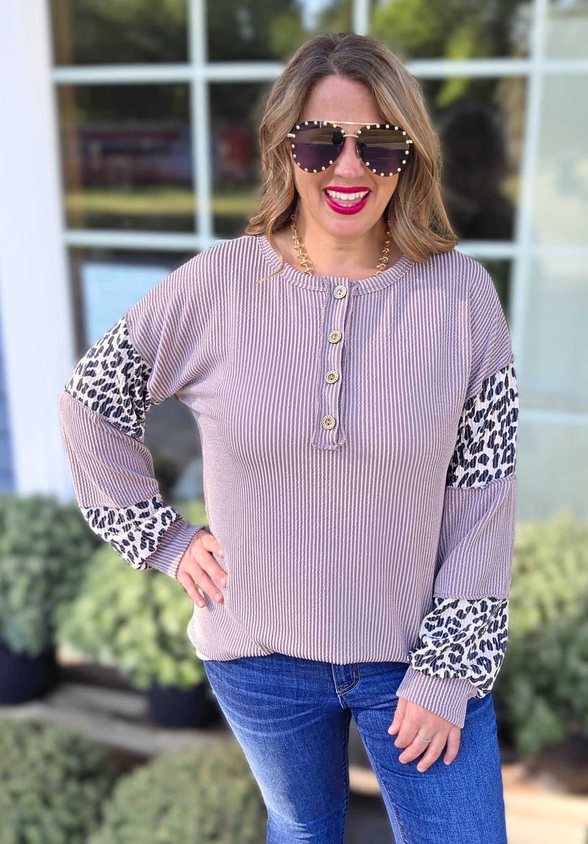 TAUPE RAISED RIBBED LEOPARD CONTRAST HENLEY