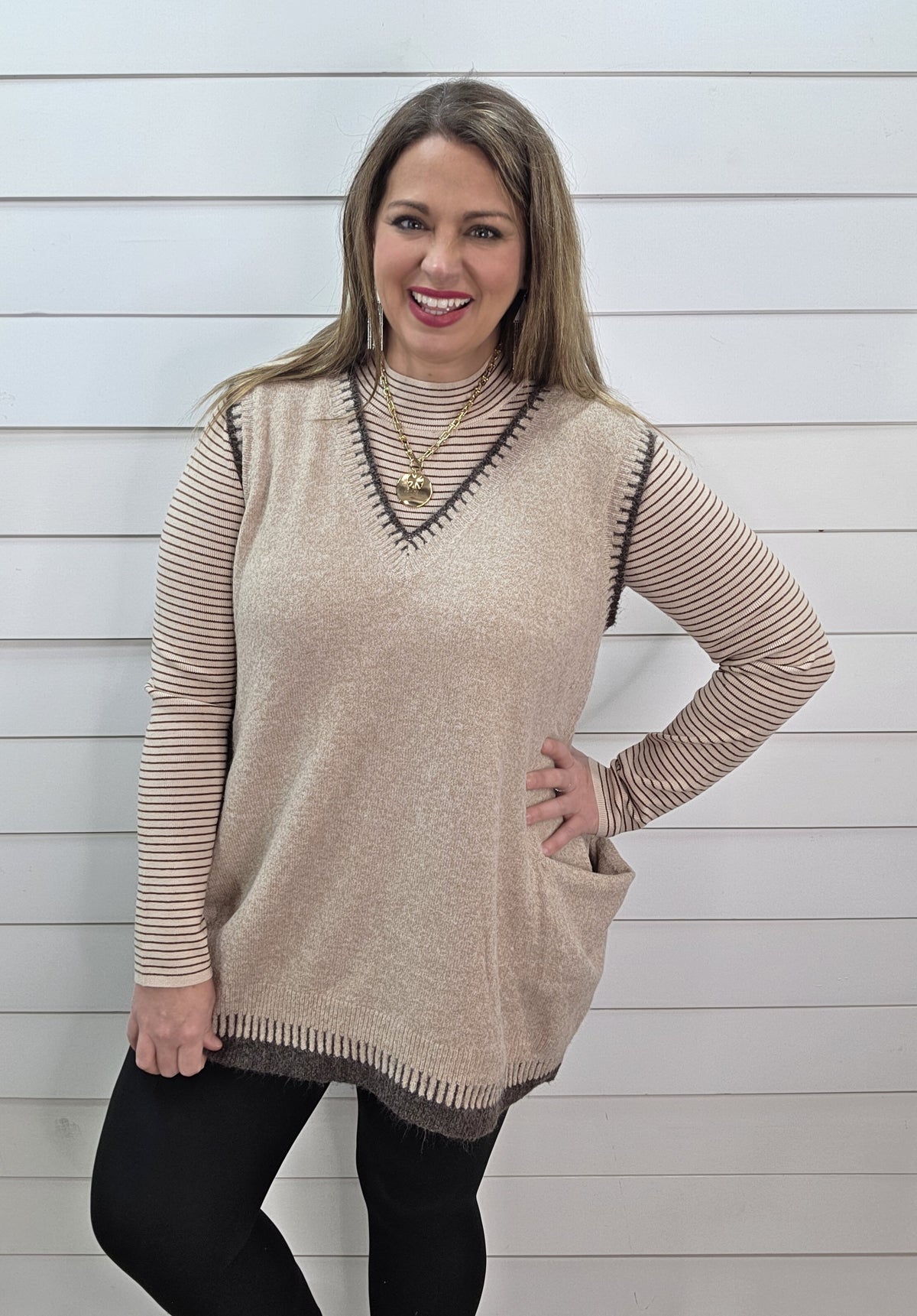 MOCHA V NECK STITCH FINISH LONG SWEATER VEST