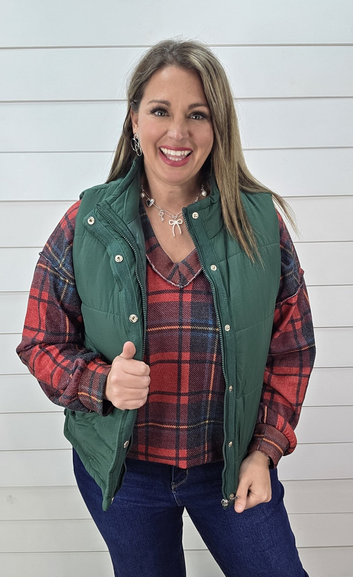 HUNTER GREEN ZIP/SNAP PUFFER VEST