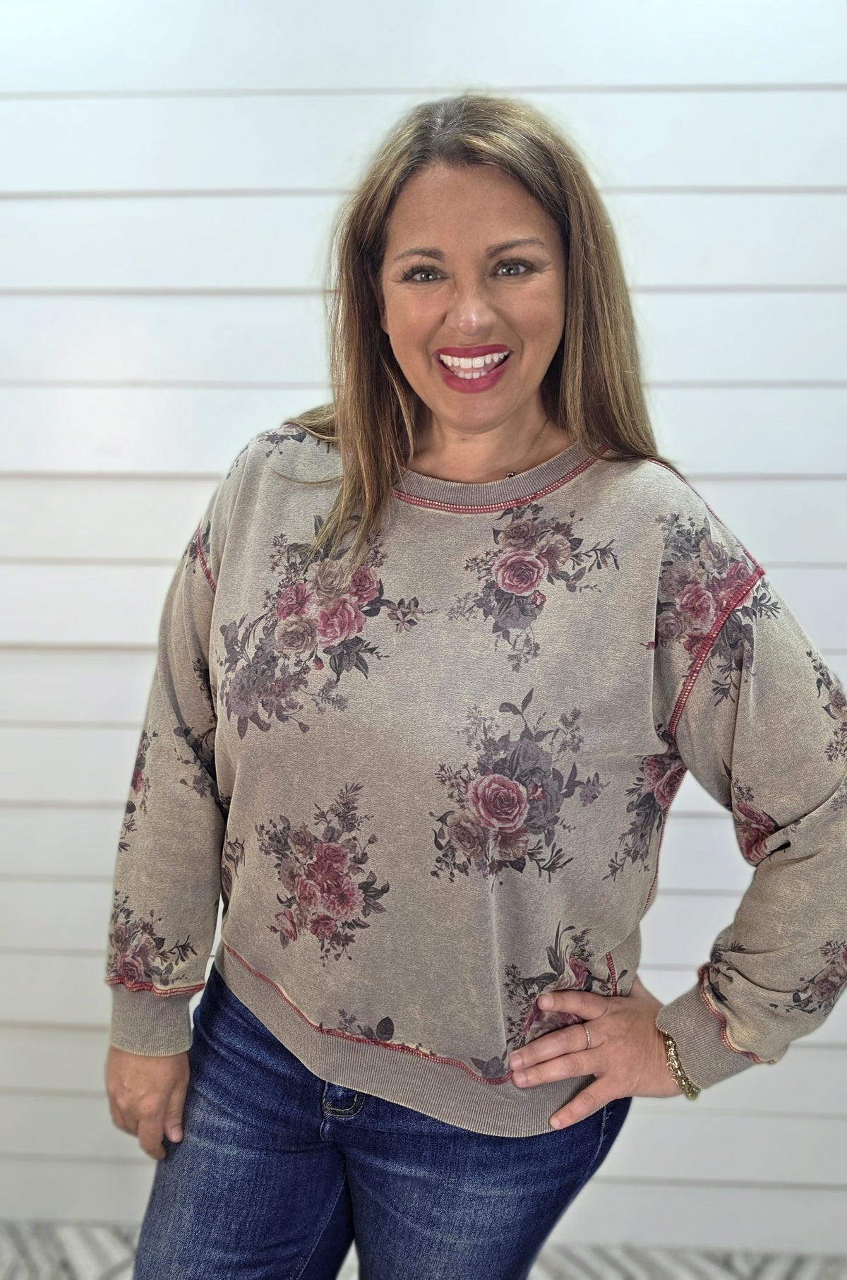 ASH FLORAL CREW NECK LONG SLEEVE TOP W/ PURPLE STITCHING