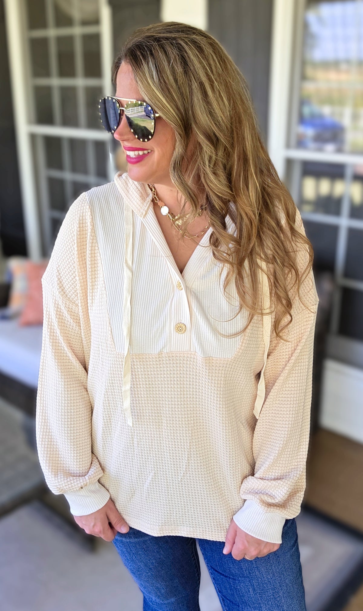 OATMEAL WAFFLE CONTRAST LIGHT WEIGHT HOODIE