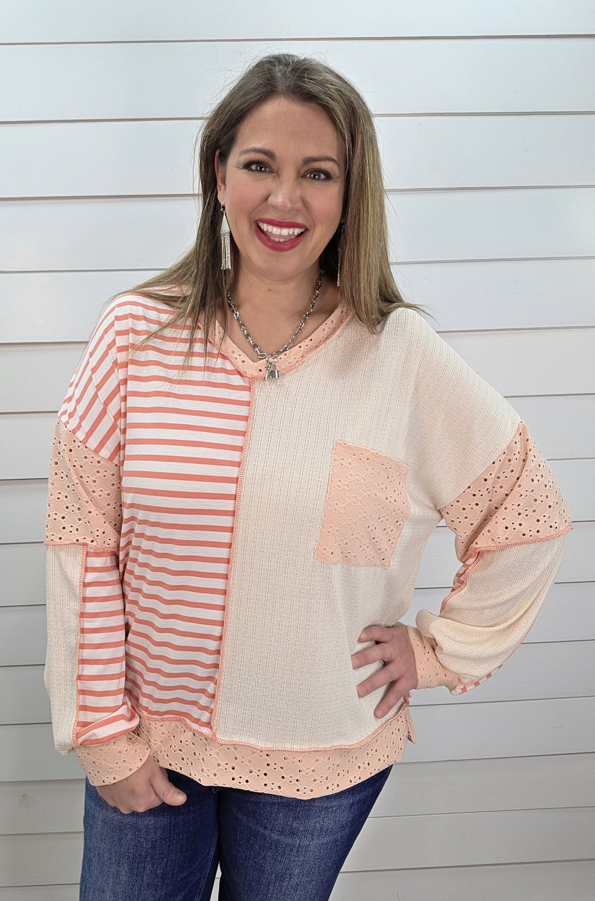 OATMEAL/BLUSH/CORAL CONTAST KNIT LOOSE FIT TOP