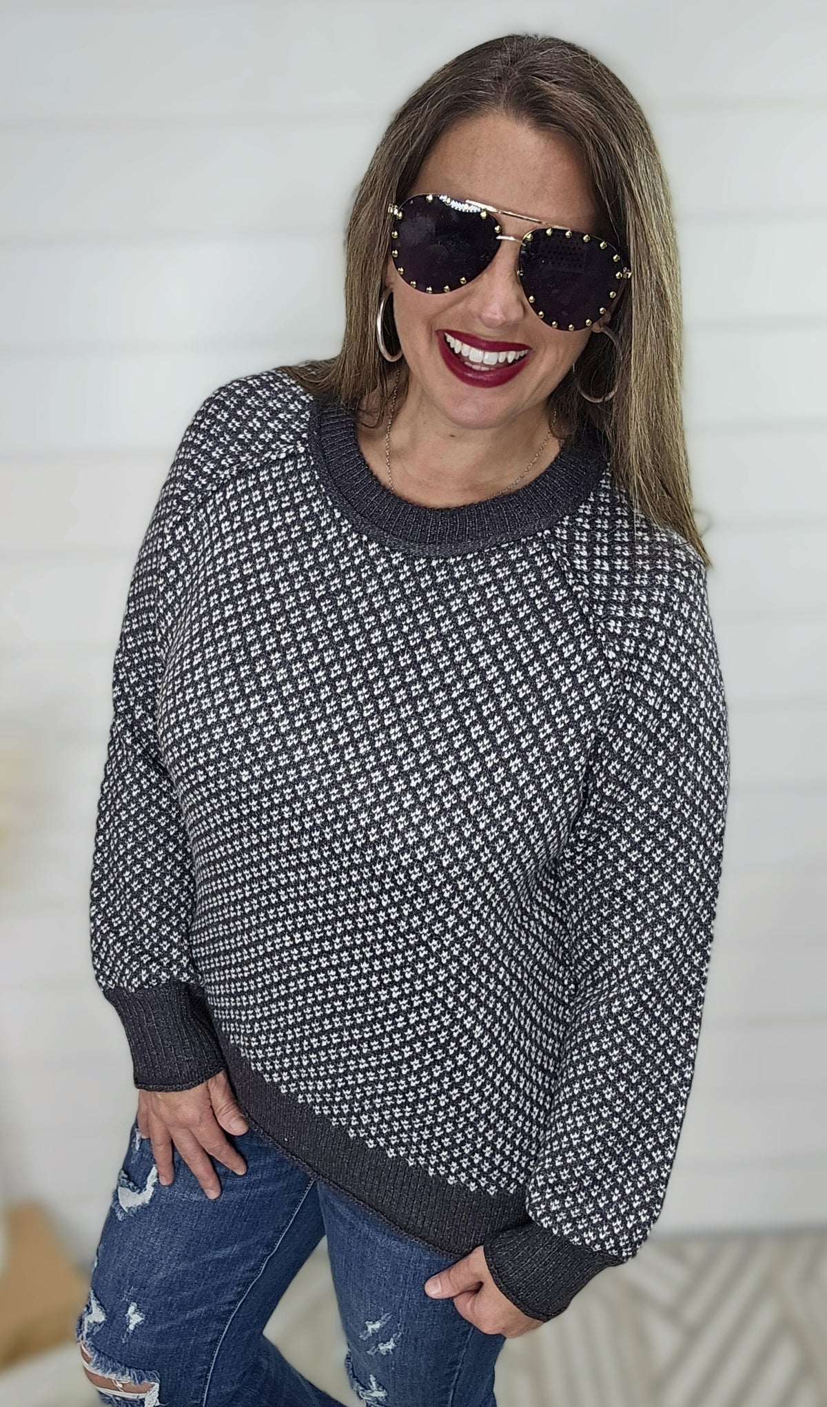 GUNMETAL PRINTED CREW NECK SWEATER