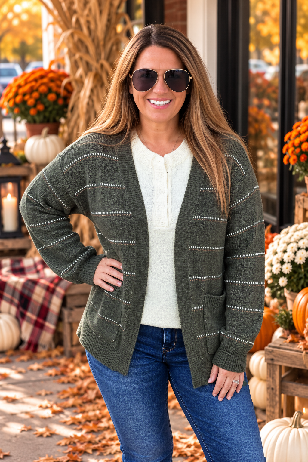 Olive Texture Multi Striped, Open Front Cardigan