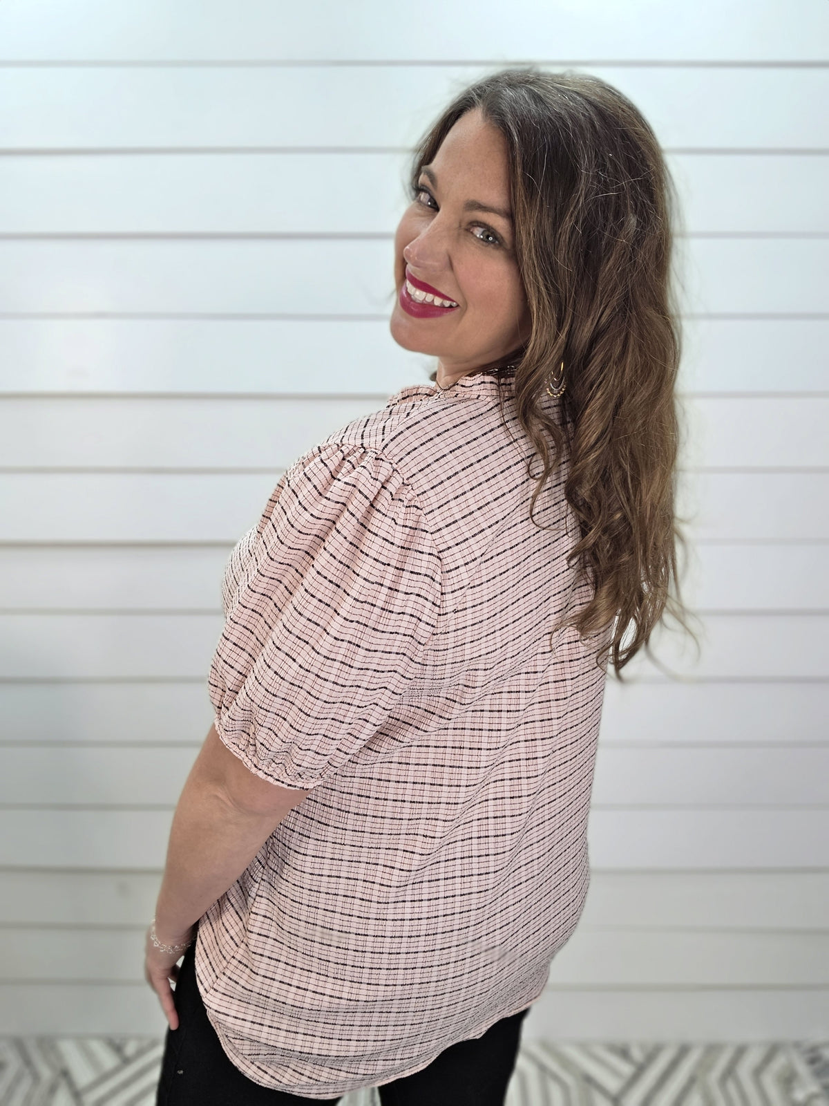 PINK/BLACK STRIPED TEXTURED KNIT OVERSIZED TOP