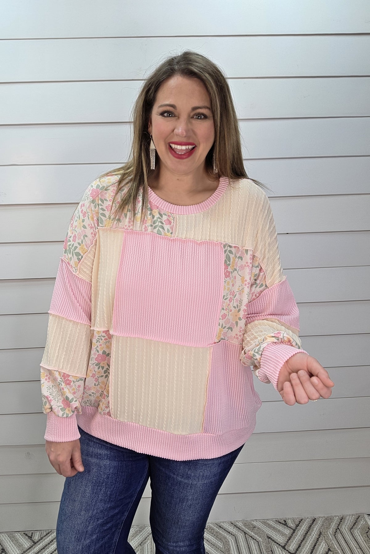 PINK/FLORAL RAISED RIBBED PATCHWORK KNIT TOP