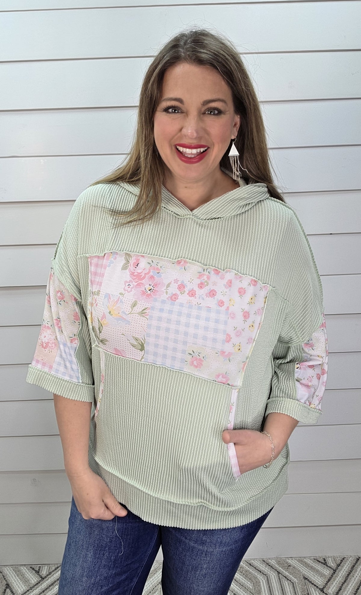 SAGE RAISED RIBBED HALF SLEECE FLORAL HOODIE