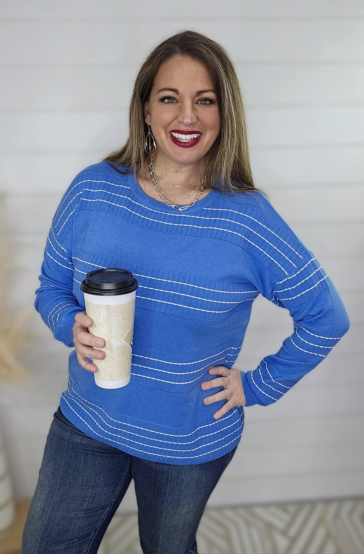 BLUE STITCH STRIPED CREW NECK SWEATER