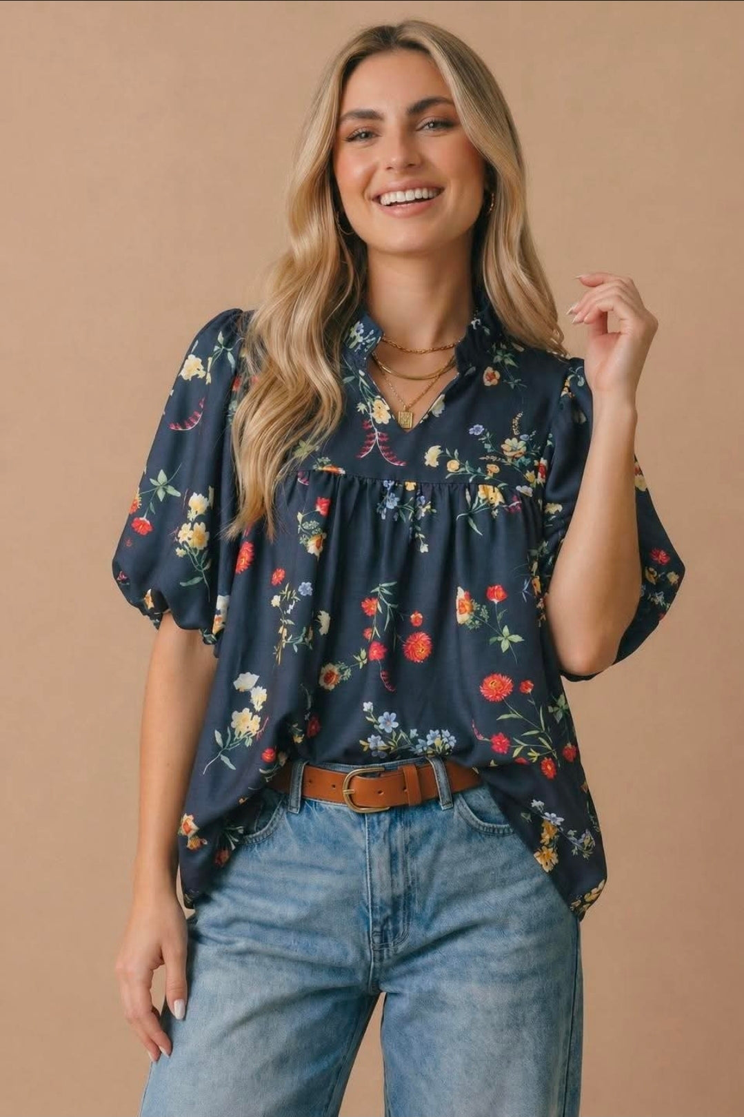 NAVY FLORAL PUFF SLEEVE WOVEN TOP