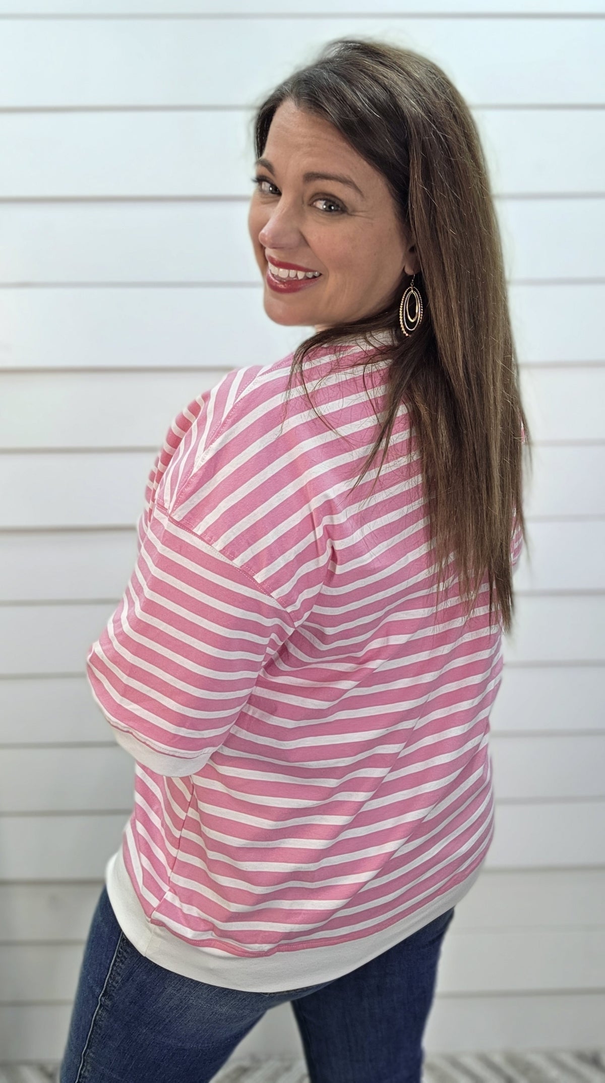 PINK STRIPED ROUND NECK KNIT TOP